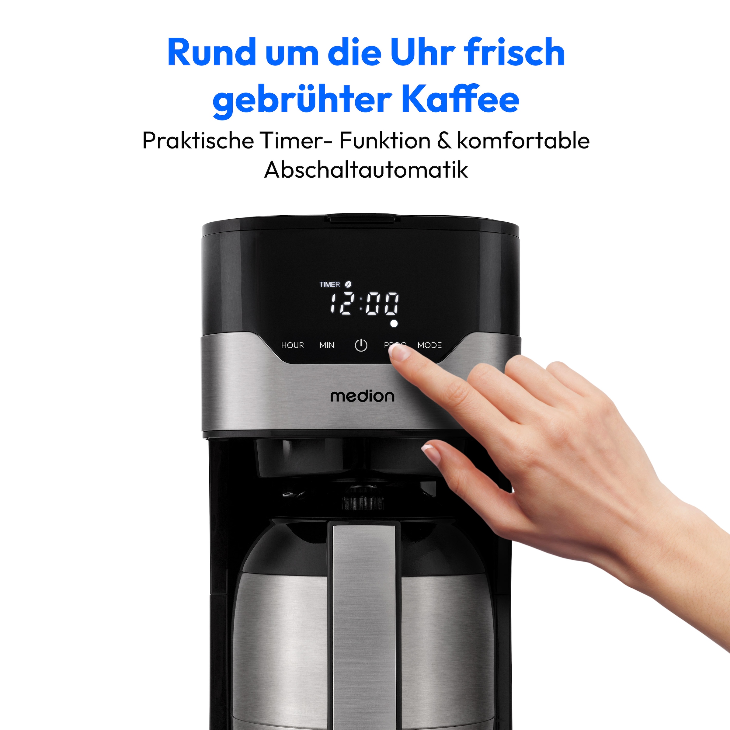 Medion® Filterkaffeemaschine »MD 18458, Aromawahlschalter mit 3 Stufen, 1,2 L Edelstahlkanne, Timer« 1,2 l Kaffeekanne Permanentfilter 1x4 Wasserstandsanzeige, Tropfstopp