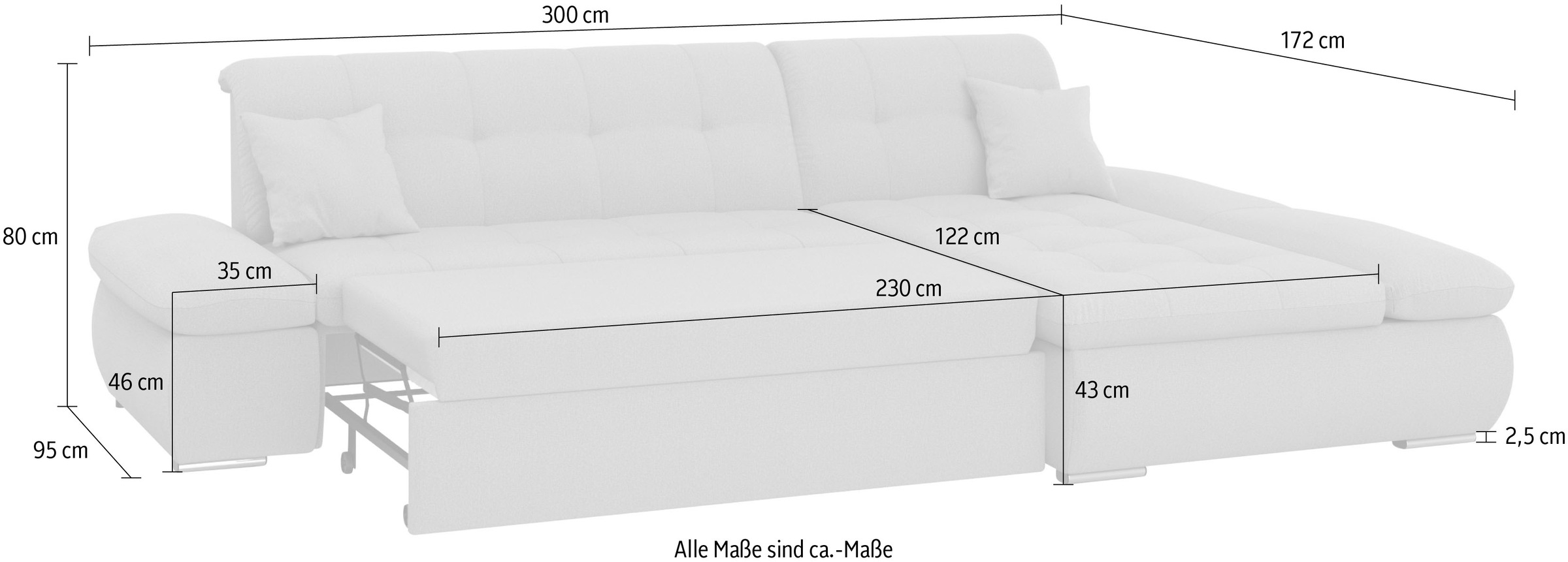 DOMO collection Ecksofa »Moric, L-Form, XXL-Sofa - Breite 300cm«, wahlweise mit Bettfunktion und Armteilverstellung, silber-grau