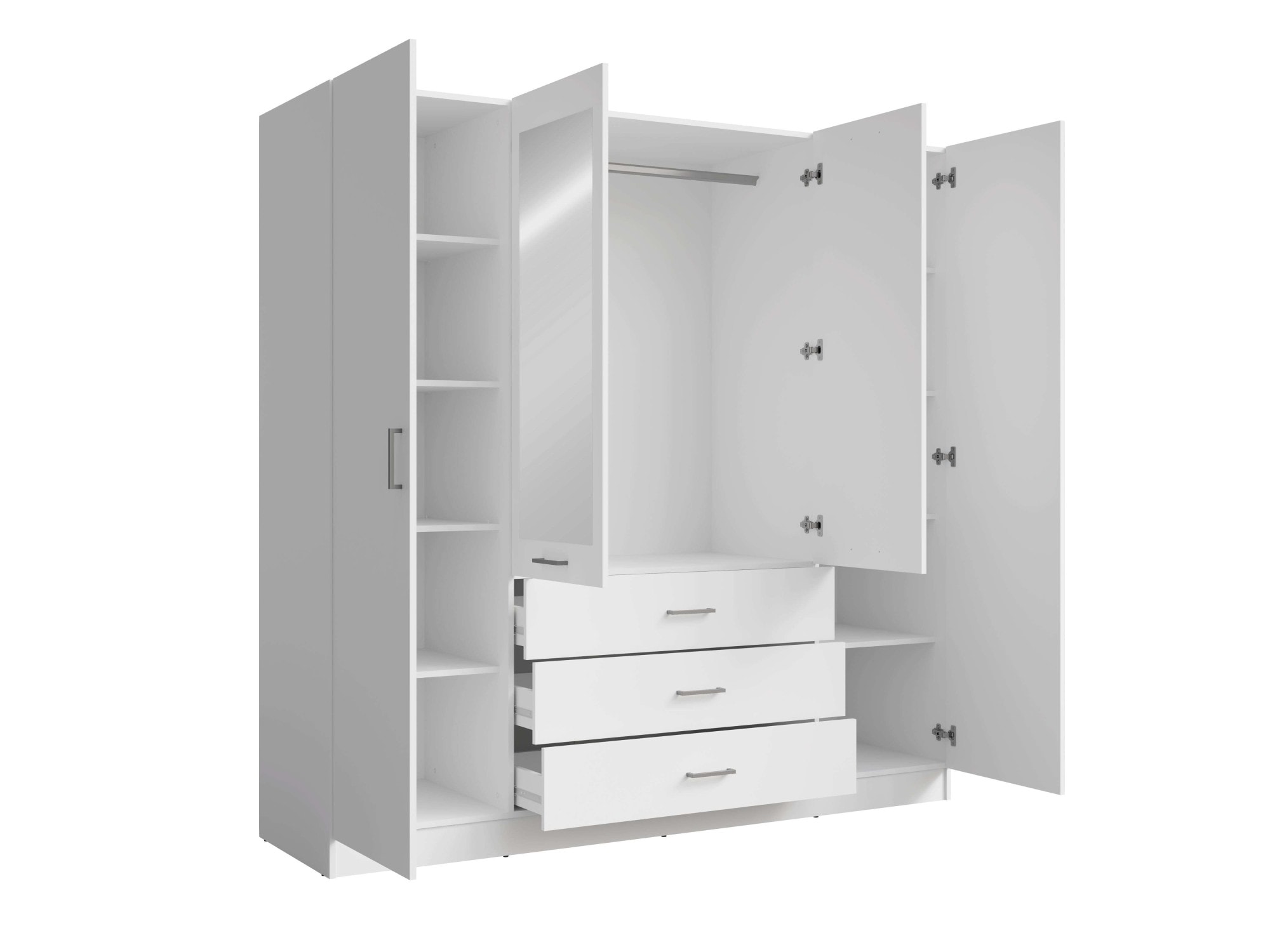 Home affaire Kleiderschrank »KOS Garderobe mit 3 Schubladen, Kleiderstange, 8 Einlegeböden, Spiegel«, Wäscheschrank mit 4 Drehtüren, silber Griffen, Maße B/H/T 200/200/58cm
