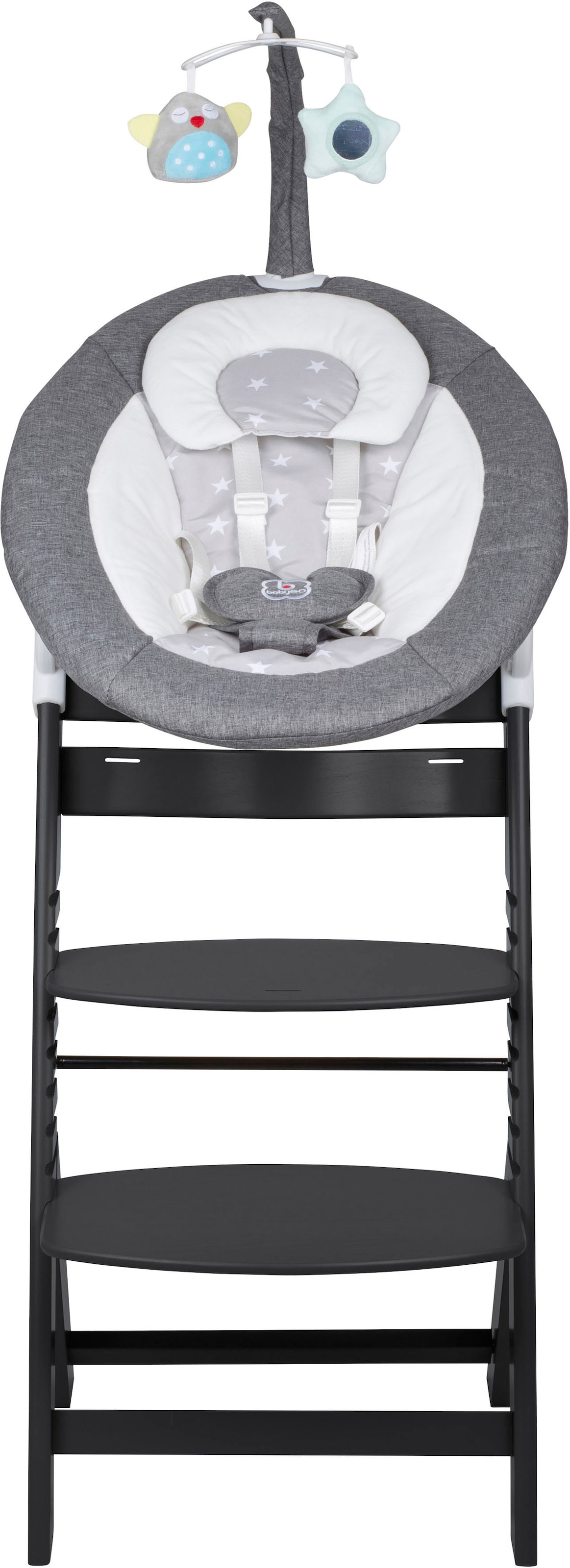 BabyGo Hochstuhl »Family Homey Set, schwarz/hellgrau«, mit elektrischer Babywippe inkl. Spielbogen