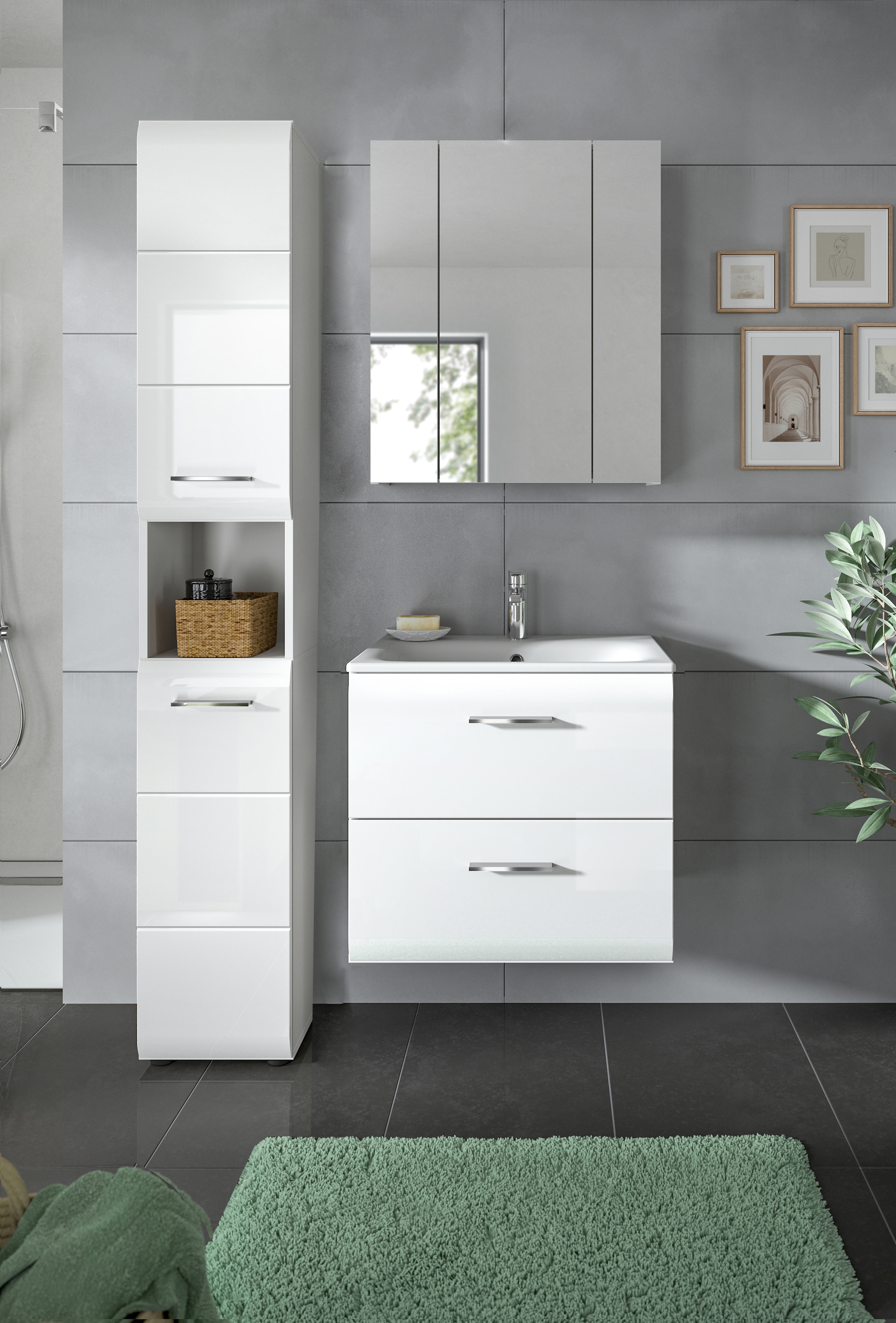 INOSIGN Badezimmer-Set, (Set, 4 St.), Florenz, Badkombination 4-tlg., Weiß hochglanz, inkl. Waschbecken
