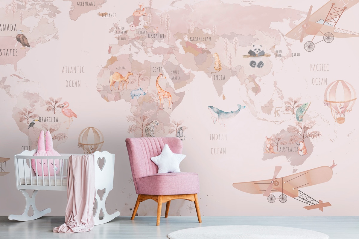 A.S. Création Vliestapete »Kinderzimmer-Tapete Weltkarte Rosa Tiere Flugzeu günstig online kaufen