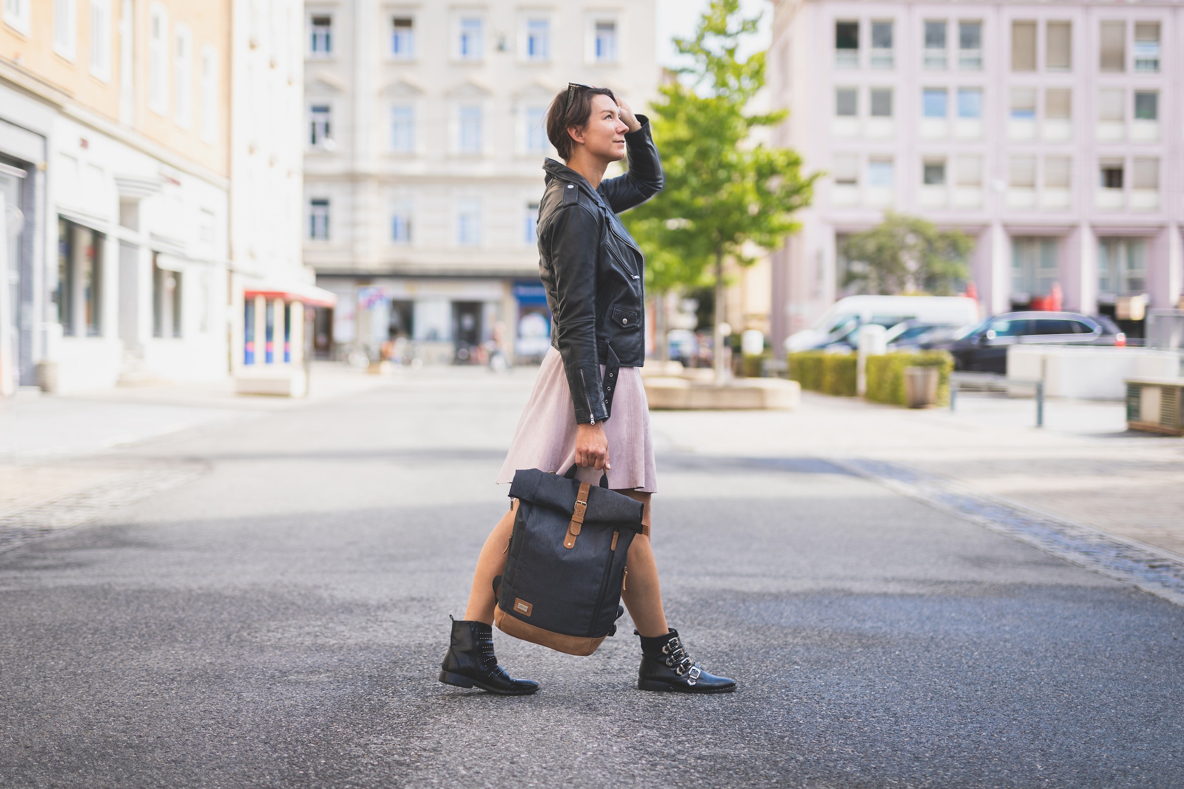 Fillikid Wickelrucksack »Rolltop Berlin, schwarz melange«, Reflektoren, inkl. Wickeltunterlage
