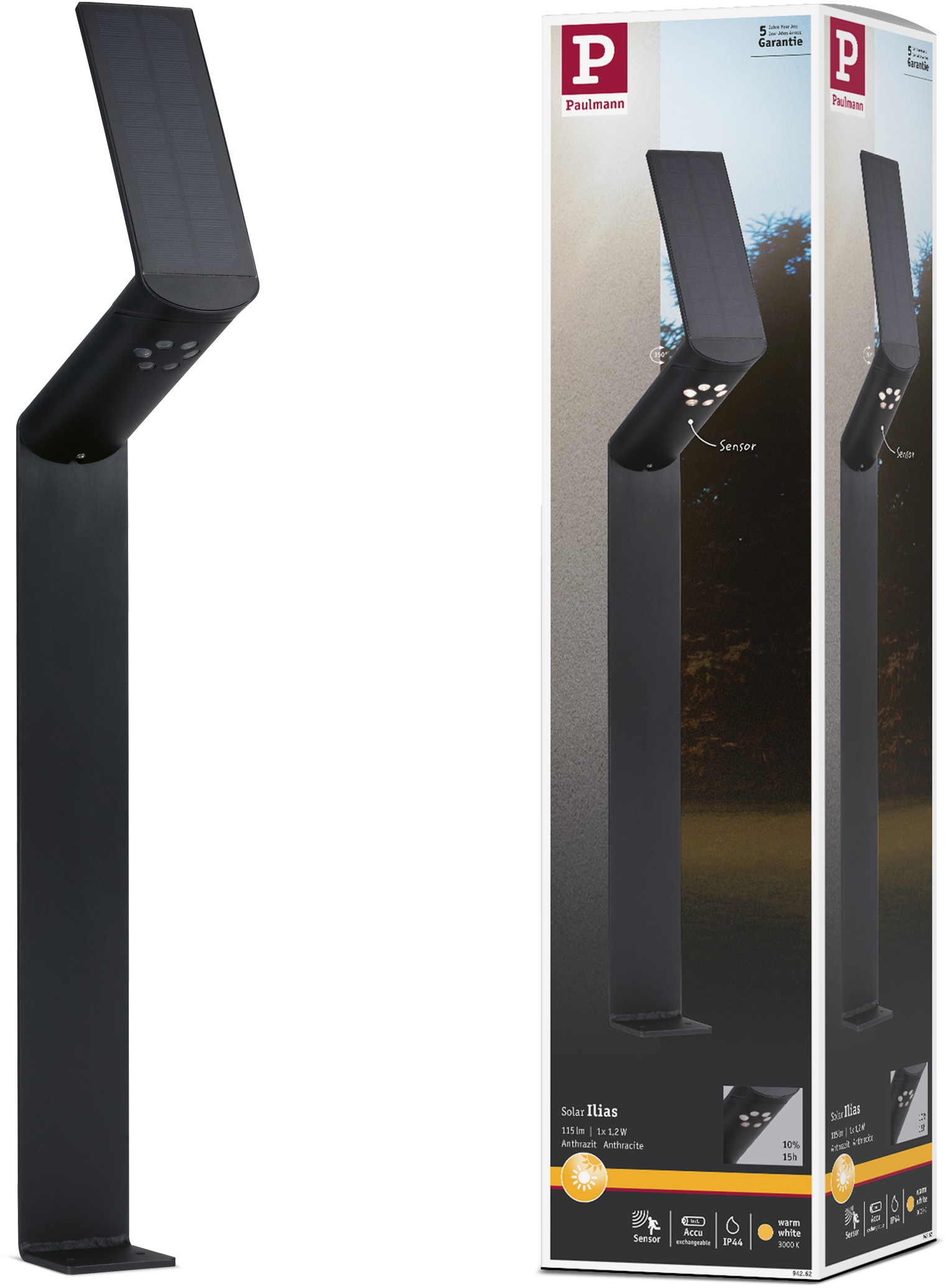 PAULMANN LED Pollerleuchte »Ilias« LED-Board 1 Stk. Warmweiß LED-Board, Outdoor Solar, mit Bewegungsmelder anthrazit