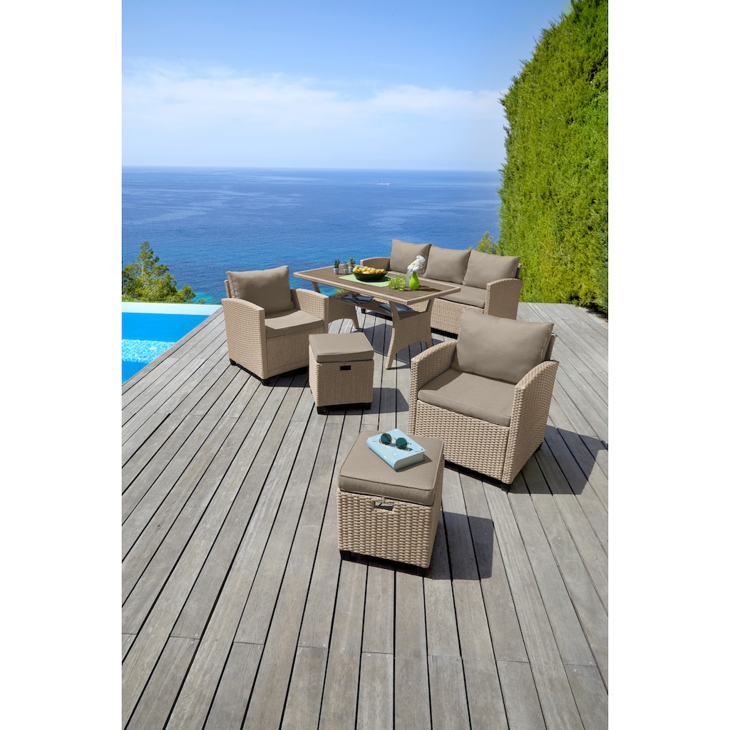 KONIFERA Gartenlounge-Set »Amsterdam«, (Set, 16 tlg., 1x 3er Sofa, 1x 2 Sessel, 2x Hocker, 1xTisch 144,5x74x67cm,Polyrattan), Stahl, Ablagefläche unter dem Tisch, Diningset, Loungeset