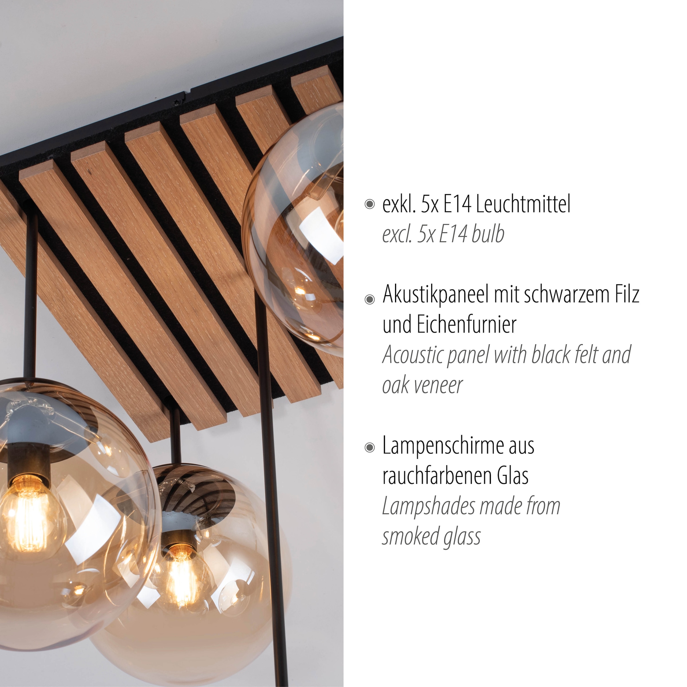 Leonique Deckenleuchte »Erinette Akustikpaneele mit Glaskugeln«, 5 flammig, Leuchtmittel E14 | ohne Leuchtmittel-Leuchtmittel wechselbar, Holz, Akustik, Paneele, Glas, Deckenlampe E14
