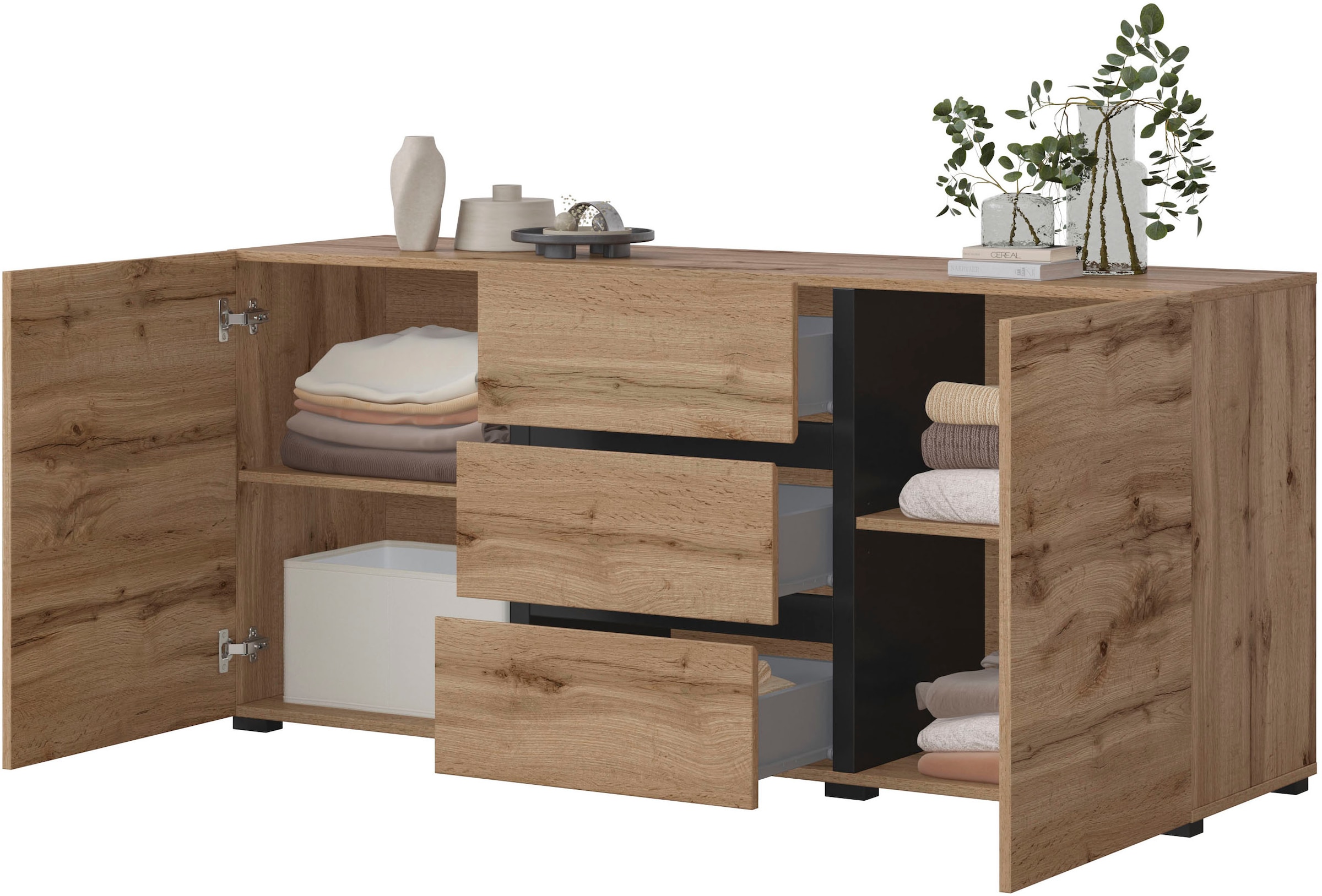 INOSIGN Sideboard »Cross, Breite 150 cm, moderne grifflose Kommode, 2Türen/3 Schubkästen« Schubladenkommode mit viel Stauraum, Einlegeböden verstellbar