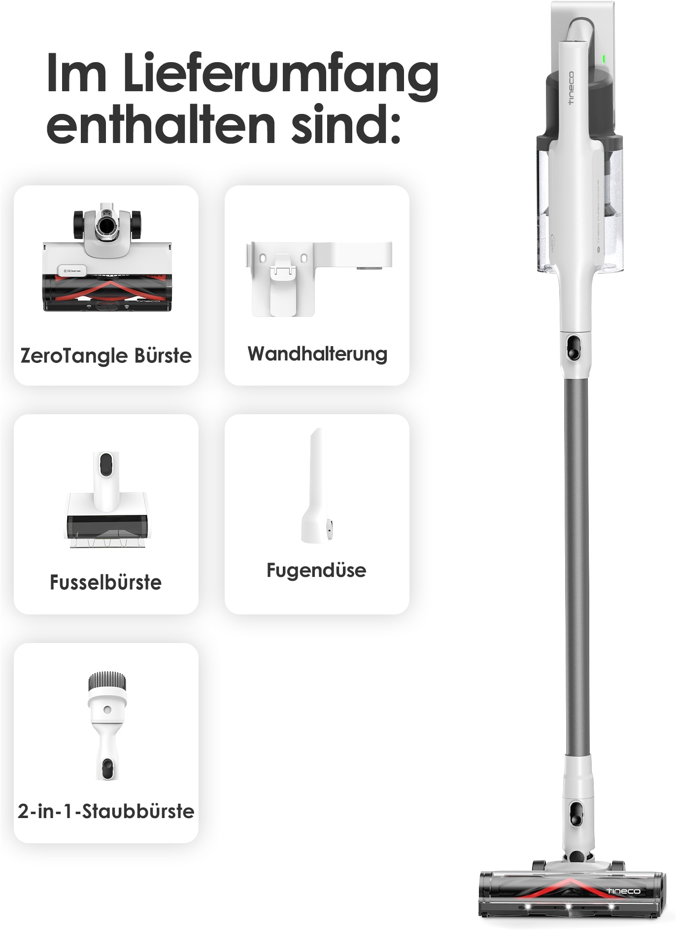 Tineco Akku-Stielstaubsauger »A30S Plus, 160Watt Saugleistung, 1L Staubbehälter, Schmutzerkennung« Anti Haar-Verhedderung, 60 Minuten Akku Laufzeit, Akku wechselbar
