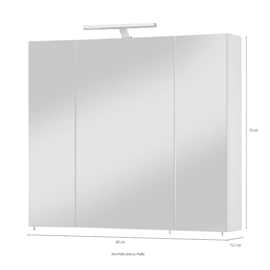 welltime Spiegelschrank »Torino«, Breite 80 cm, 3-türig, LED-Beleuchtung, Schalter-/Steckdosenbox, Glaseinlegeböden, Soft-Close, Made in Germany