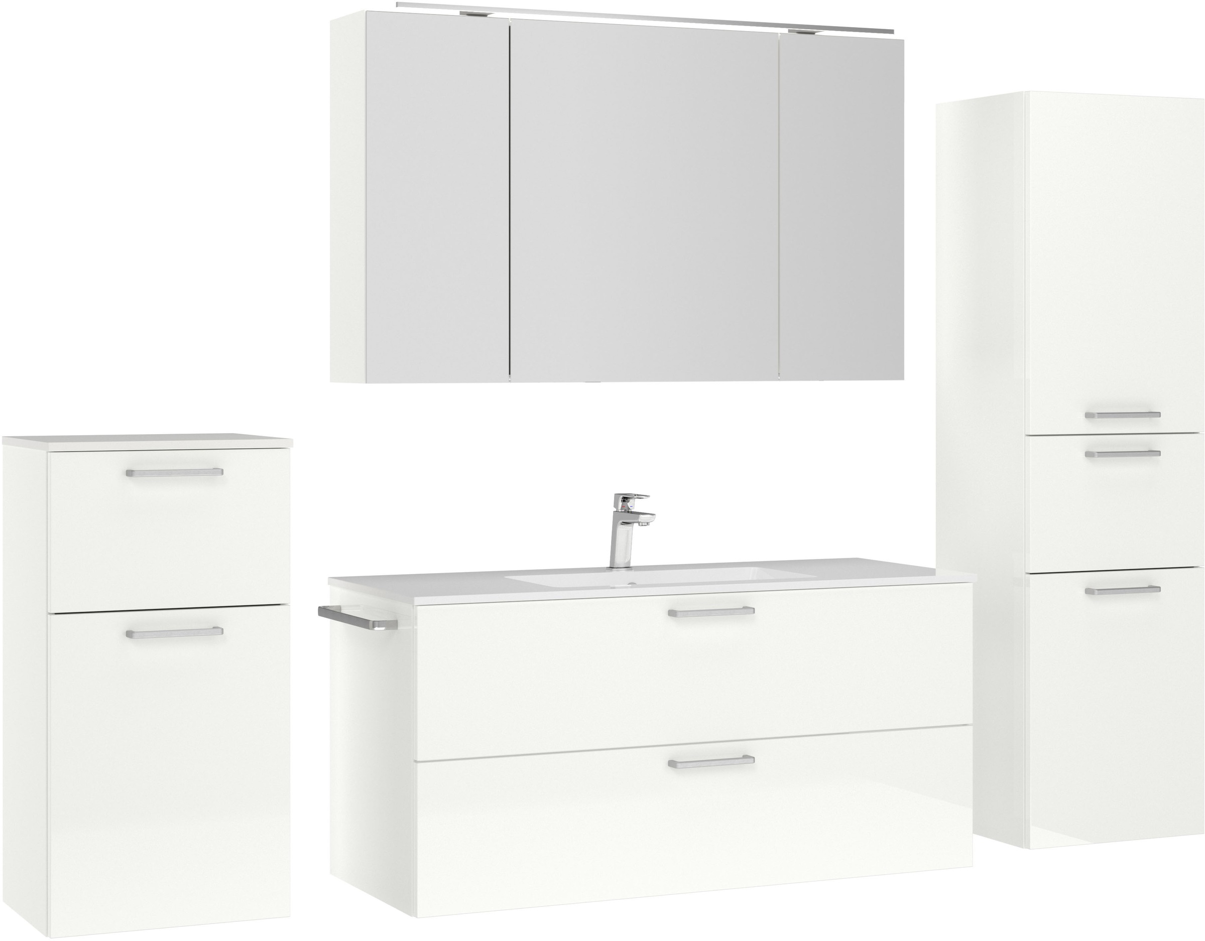 nobilia® Badmöbel-Set »Tolvina«, (4 St., vormontiert, mit Soft-Close), inkl. Spiegelschrank mit Beleuchtung und Dimmerfunktion, in 4 Breiten