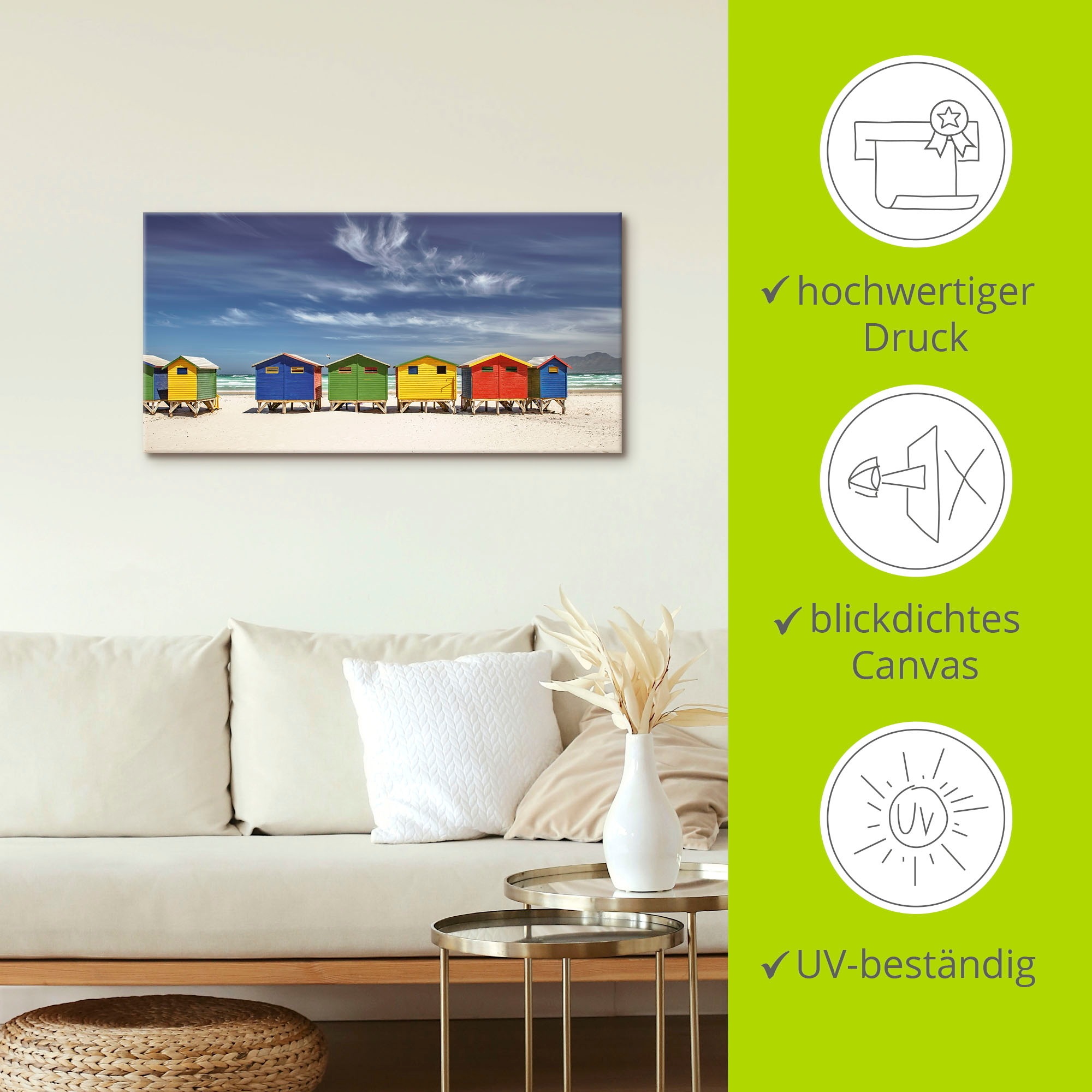 Artland Wandbild »Bunte Strandhäuser bei Kapstadt«, Strandbilder, (1 St.), als Alubild, Outdoorbild, Leinwandbild, Poster, Wandaufkleber