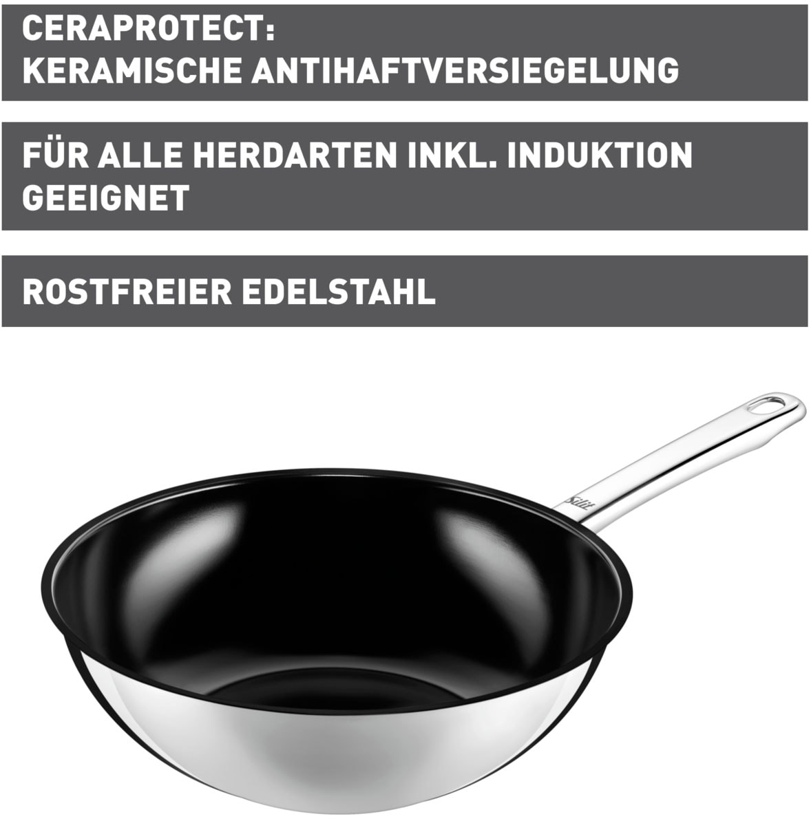 Silit Wok »Wuhan Wokpfanne Induktion Ø 28 cm«, Edelstahl 18/10, (1 tlg.), ideal für scharfes Anbraten, für alle Herdarten geeignet