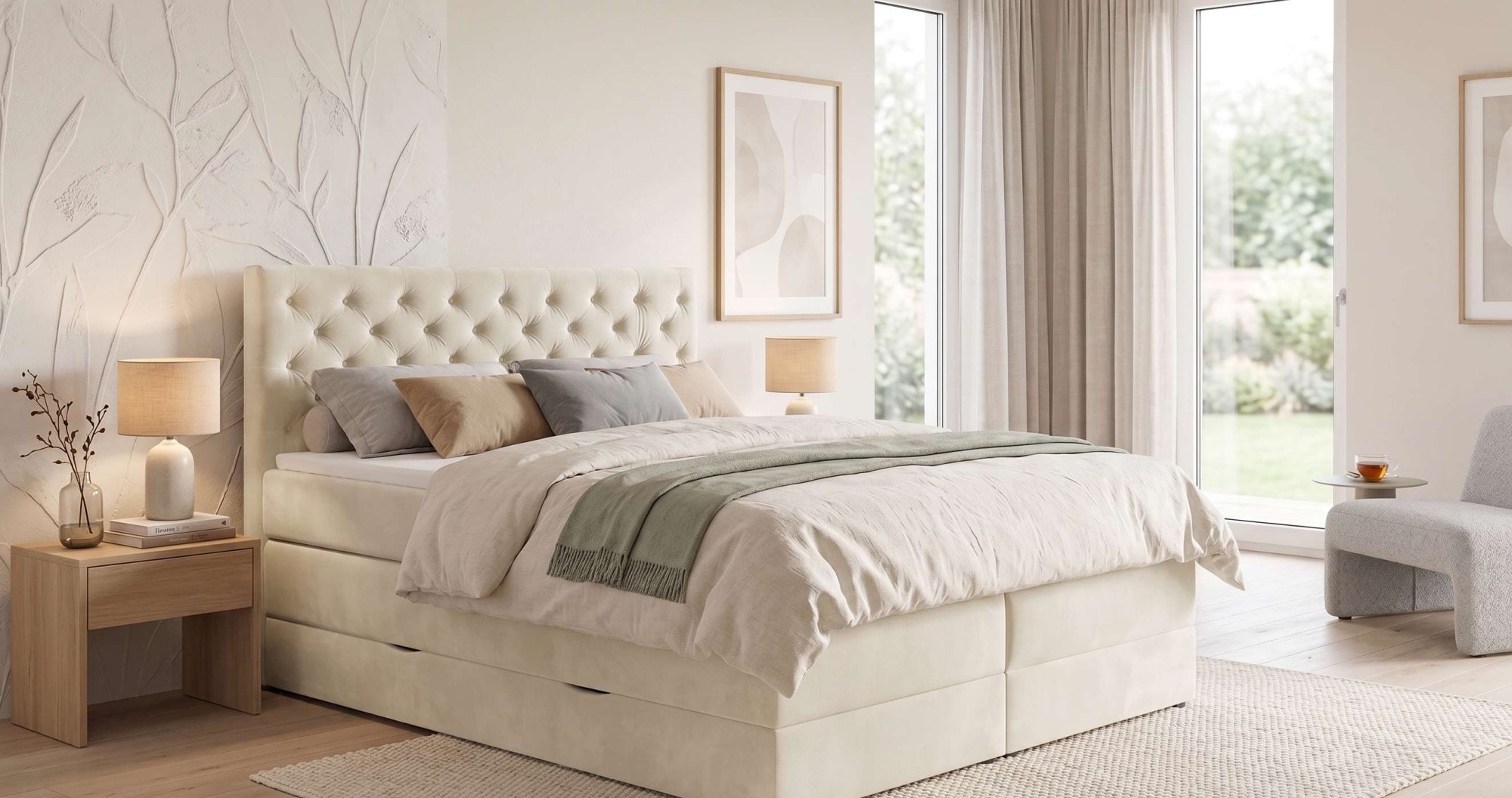 Home affaire Boxspringbett »SELJORD mit Bettkasten, Matratze und Topper, Breite 160 oder 180 cm« Bonnell- oder Taschenfederkernmatratze (H2, H3, H4), mit Knopfheftung
