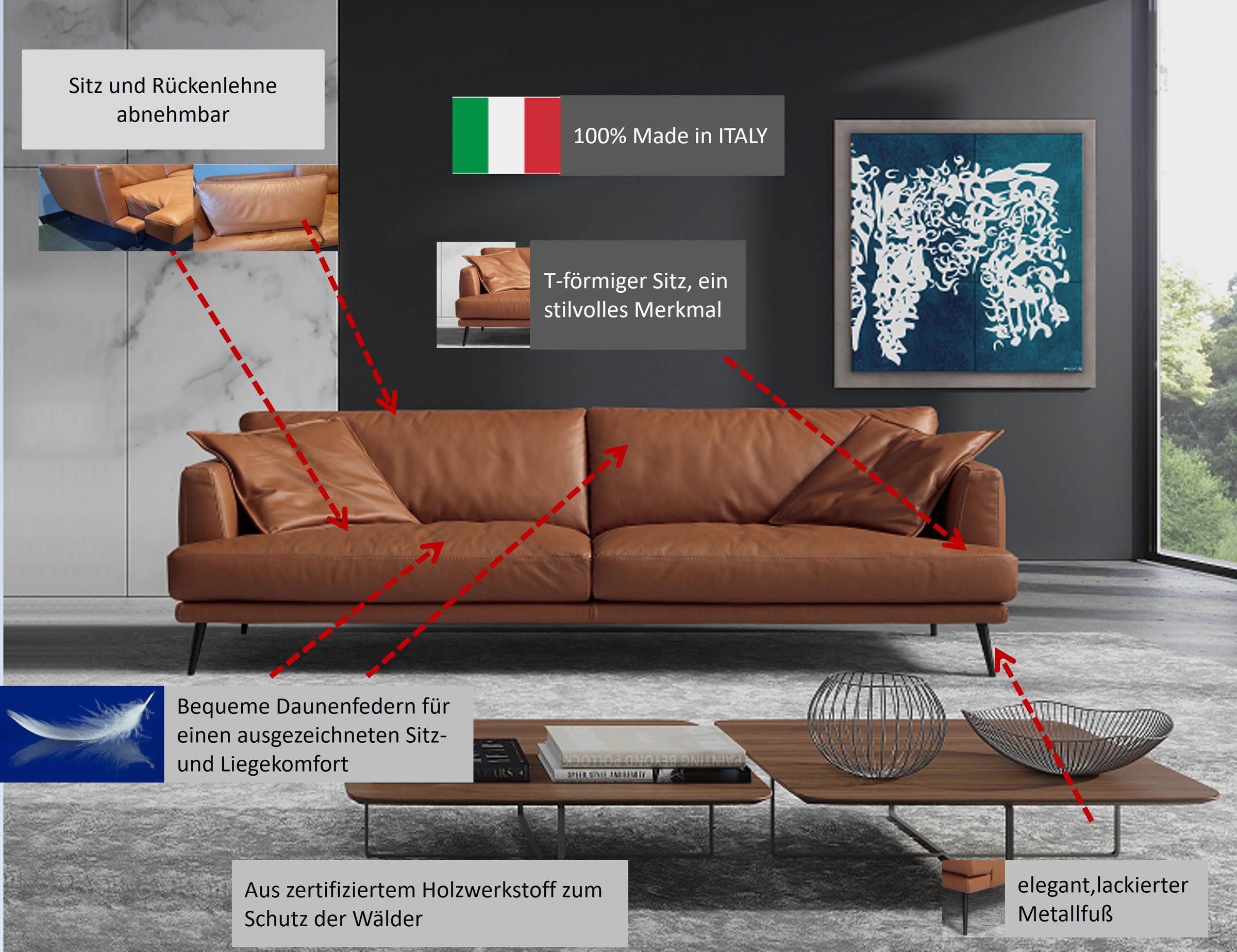 Egoitaliano 2,5-Sitzer »Sophia, Designsofa mit extrakomfortablem Sitzkomfort«, Daunenfederung, inkl. 2 Kissen