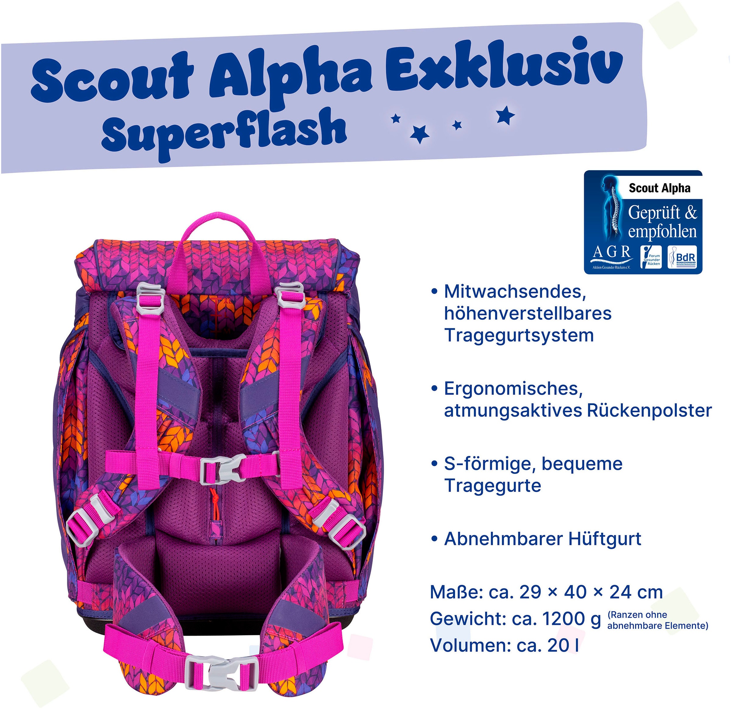 Scout Schulranzen »Alpha Superflash, Fantasy«, Retroreflektierende Flächen-Fluoreszierende Warnfarben für extragute Sichtbarkeit, mit retrorefl. Flächen & 2 Funny Snaps; enthält recyceltes Material