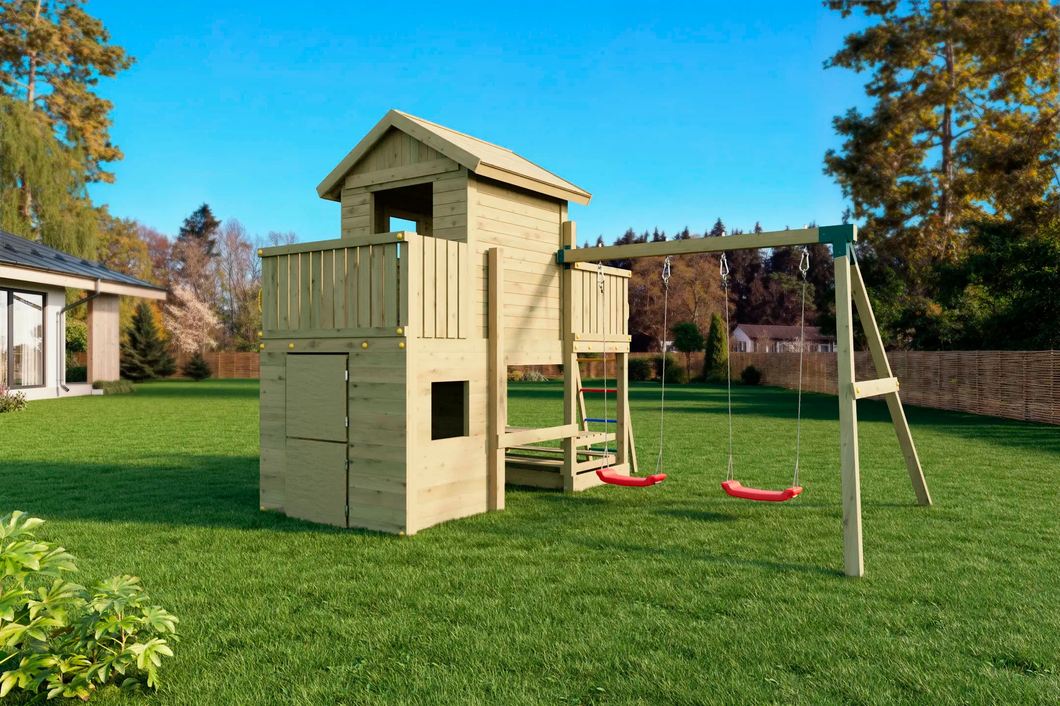 FUNGOO Spielturm »Multifort, mit Haus, Veranda, Rutsche und Schaukel«, Made in Europe
