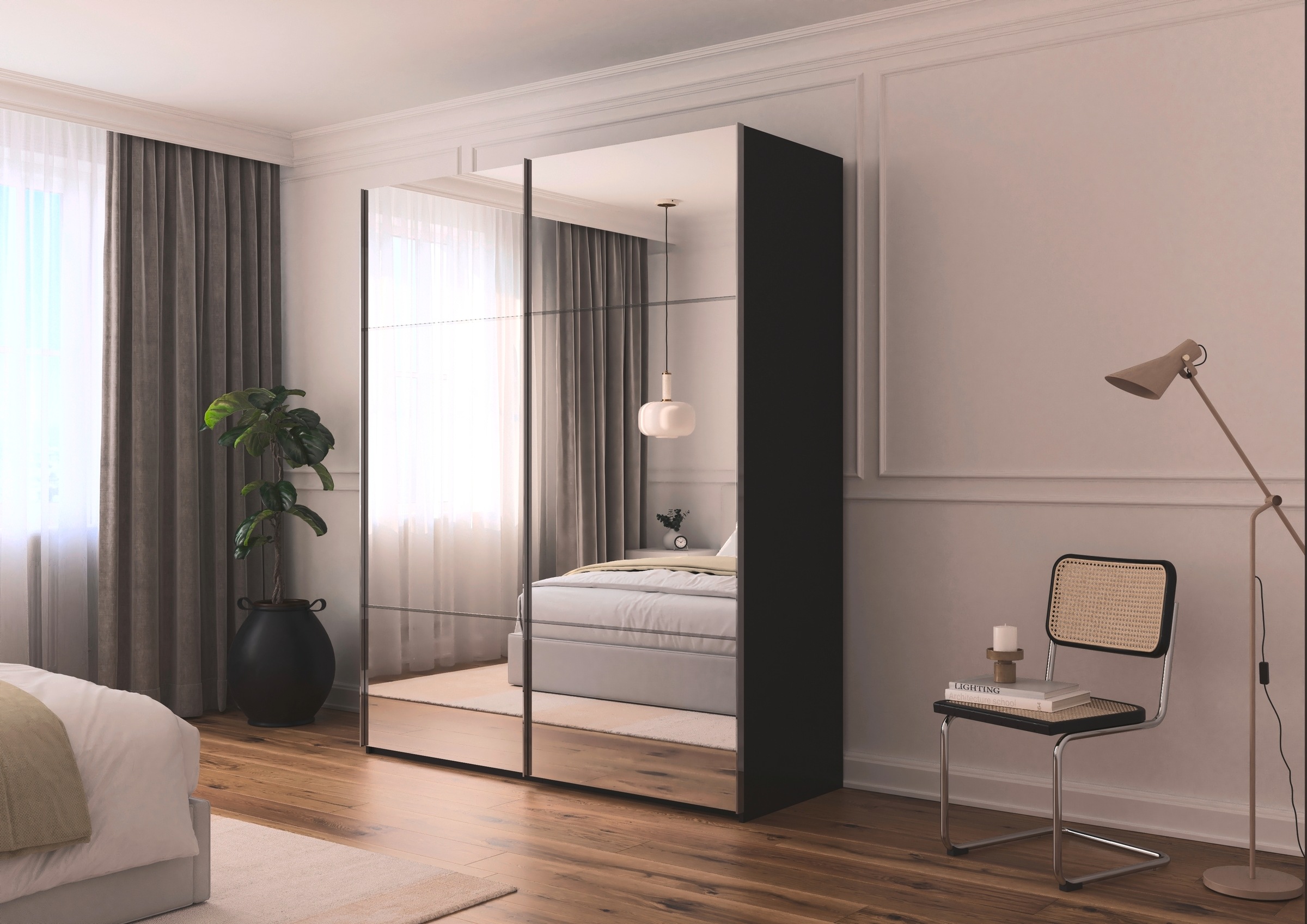 rauch Schwebetürenschrank »Kleiderschrank Schrank Garderobe Schlafzimmerschrank SCALE-TRIO«, edle dreigeteilte Front mit 2 Zierleisten Spiegelfront MADE IN GERMANY