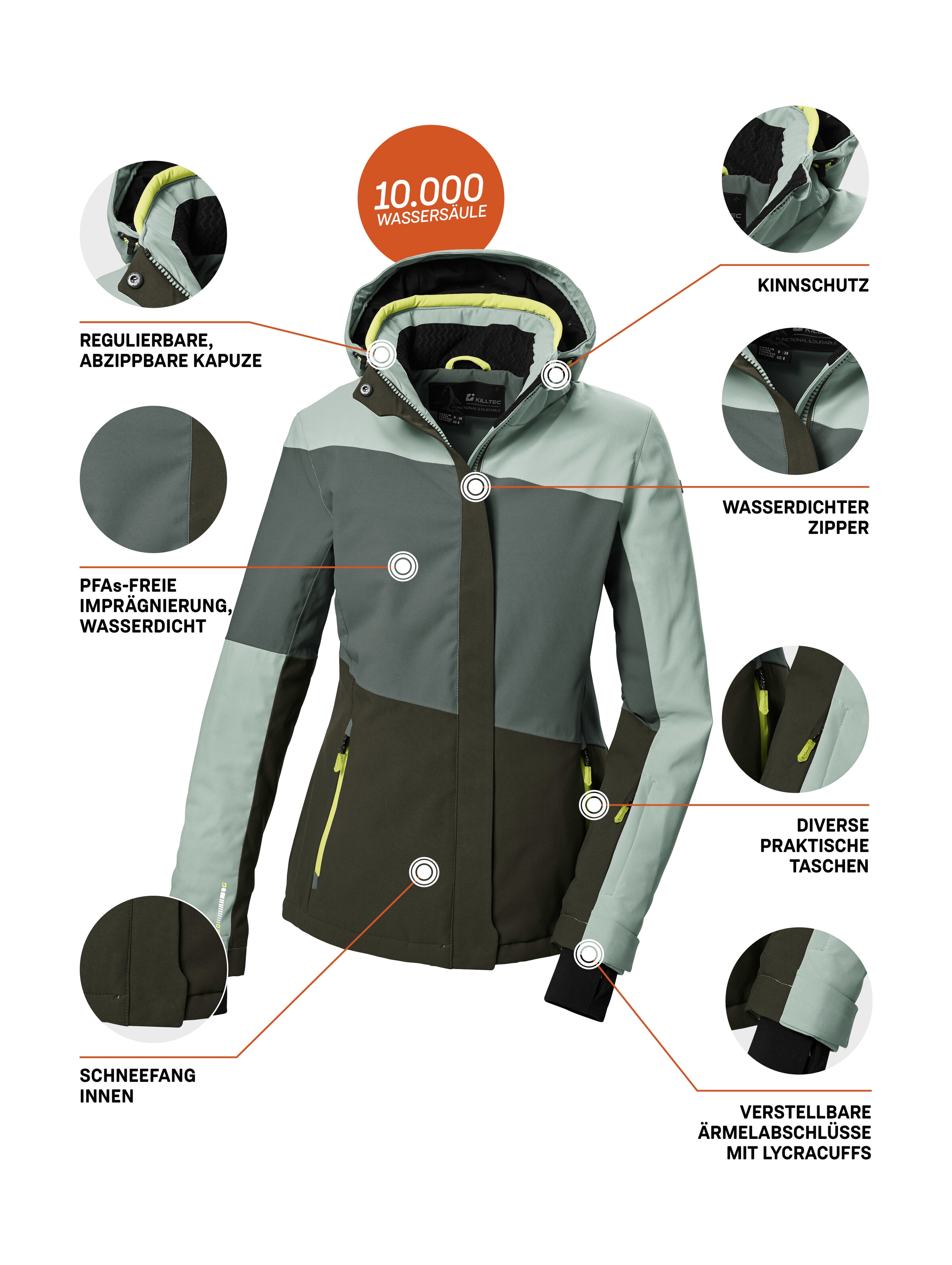 Killtec Skijacke »KSW 67 WMN SKI JCKT«, Damen Skijacke: wasserdicht, atmungsaktiv, abnehmbare Kapuze