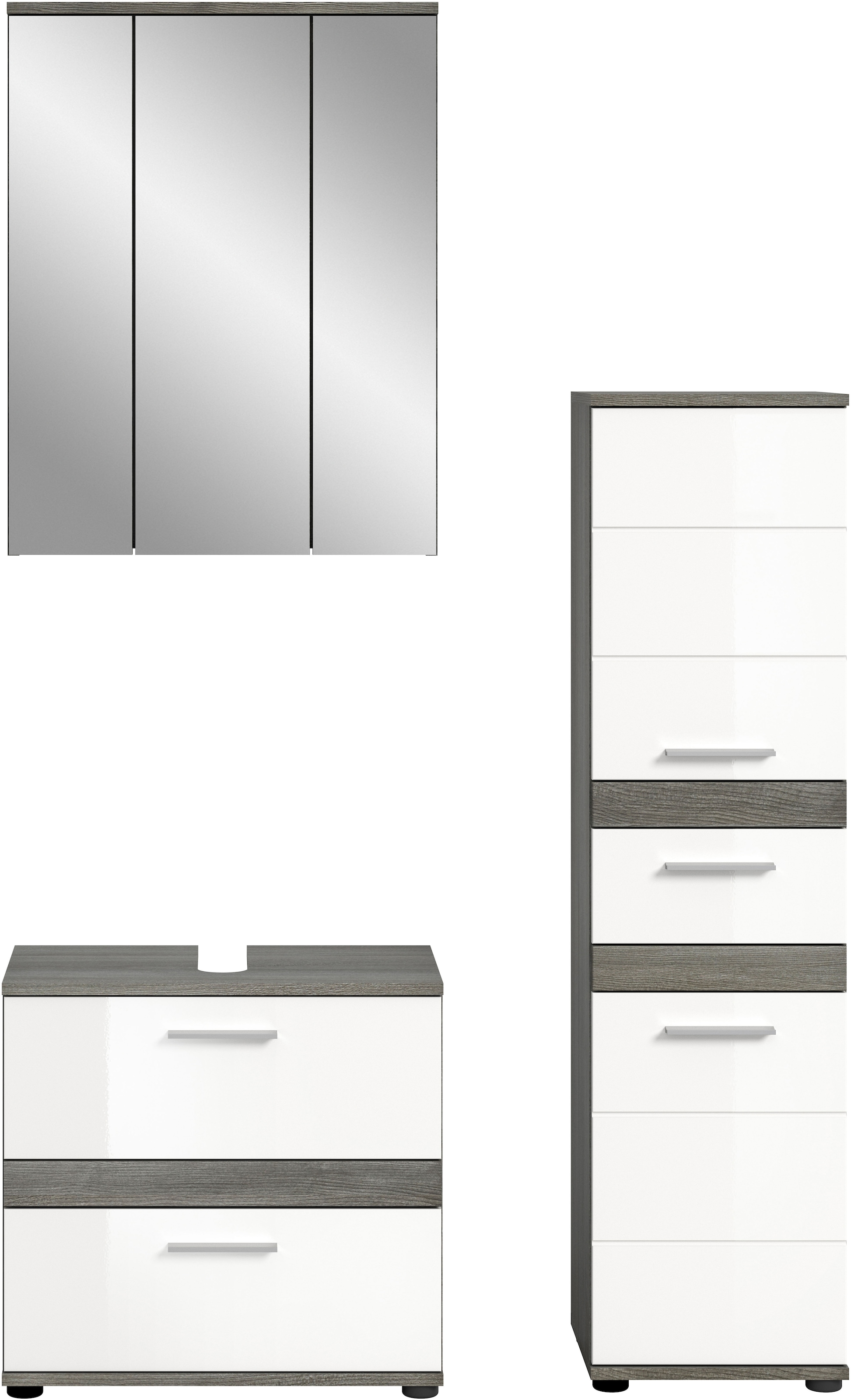 welltime Badmöbel-Set »LUCCA, 3-teilig, TOPSELLER!, hochwertige MDF Front«, (Set, 3 St., best. aus: Waschbeckenunterschrank, Spiegelschrank, Hochschrank), Badkombination, Bad-Möbel, Badezimmer, Kombination, Kombi
