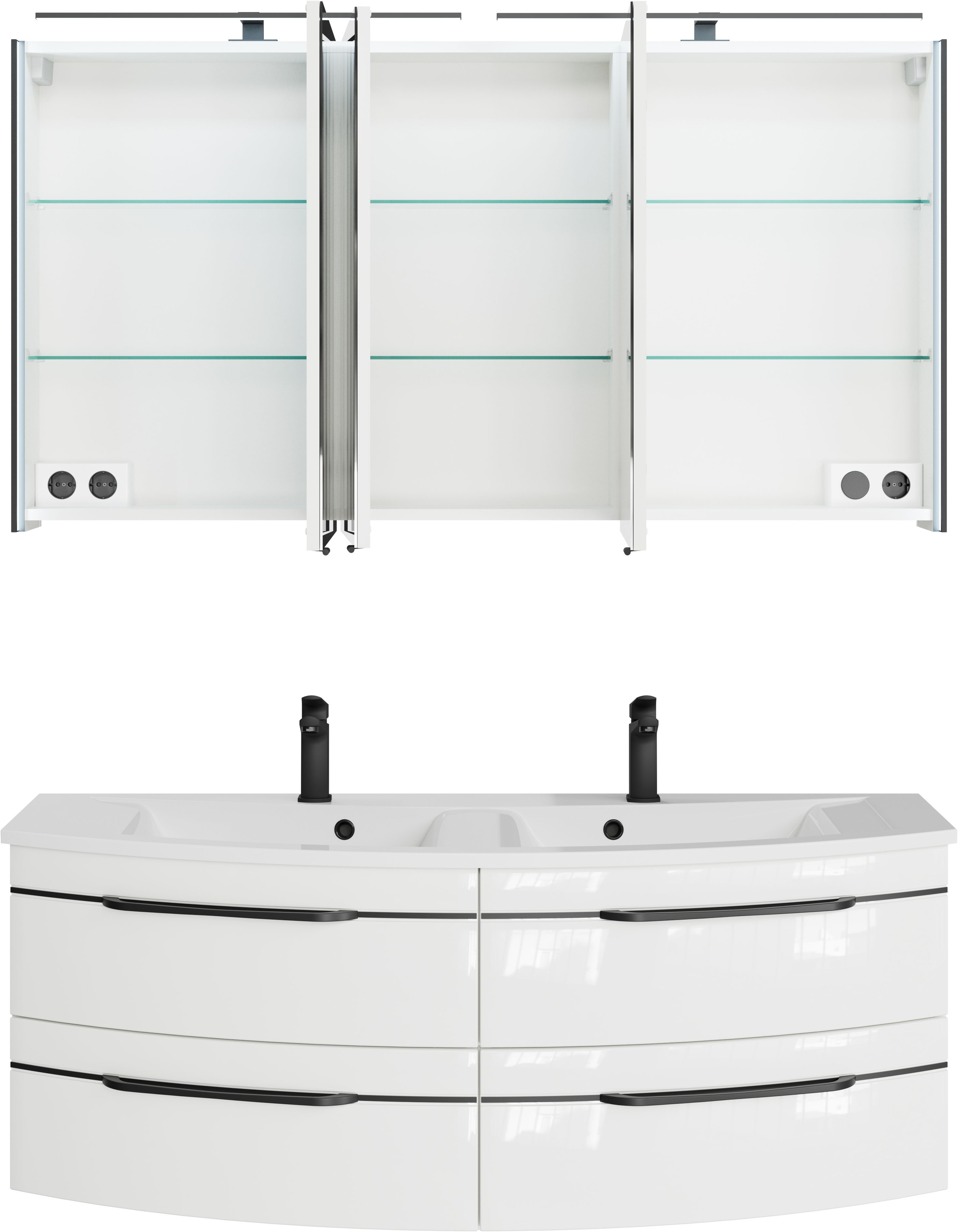 Saphir Badmöbel-Set »Badezimmer-Set 133,2 cm breit, inkl. Türdämpfer, 3 Türen, 4 Schubladen«, (Set, 2 St.), Serie 7045 2-teilig Mineralmarmor-Doppelwaschtisch, LED-Spiegelschrank