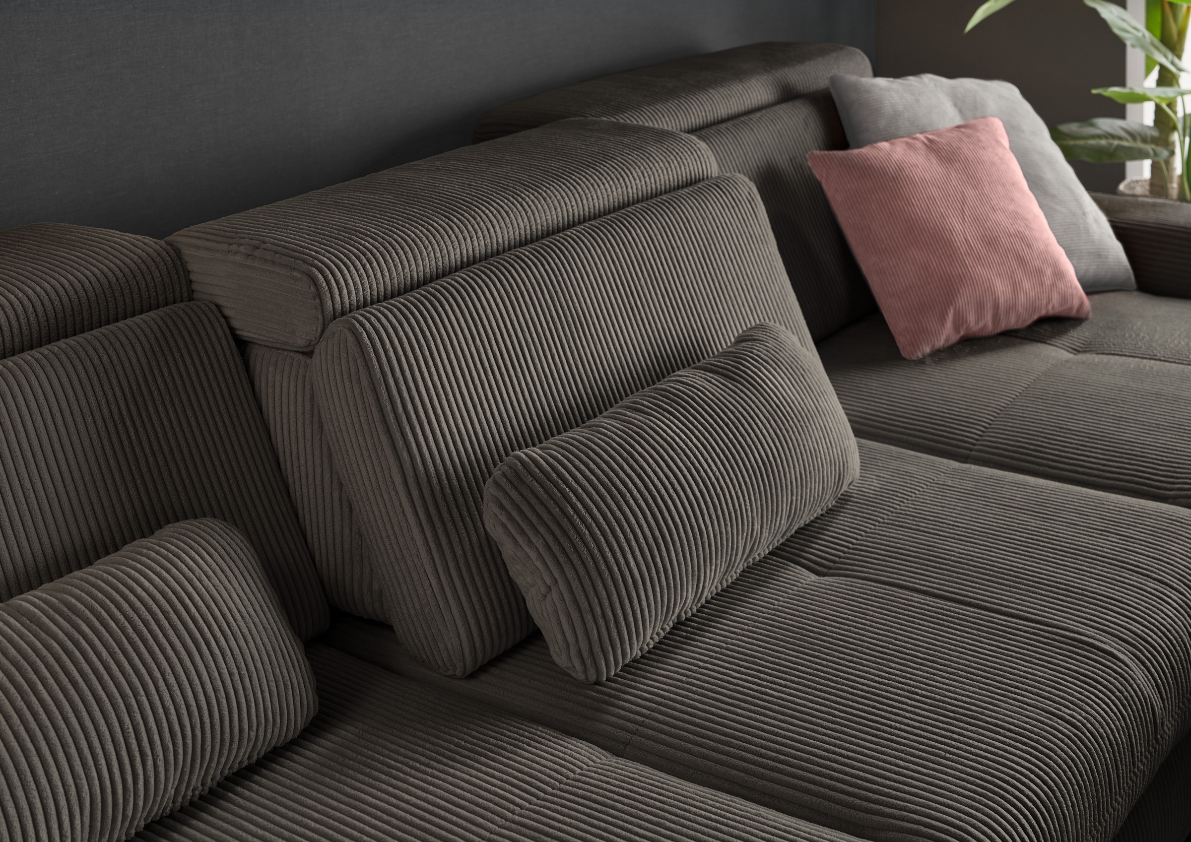 set one by Musterring Ecksofa »SO 3400 Sitzhöhe 47cm oder 49cm, Sitztiefe verstellbar, B/T: 307/195cm«, Kopteil verstellbar, mit Bettfunktion, in Cord, anthrazit, Sitzhöhe 47
