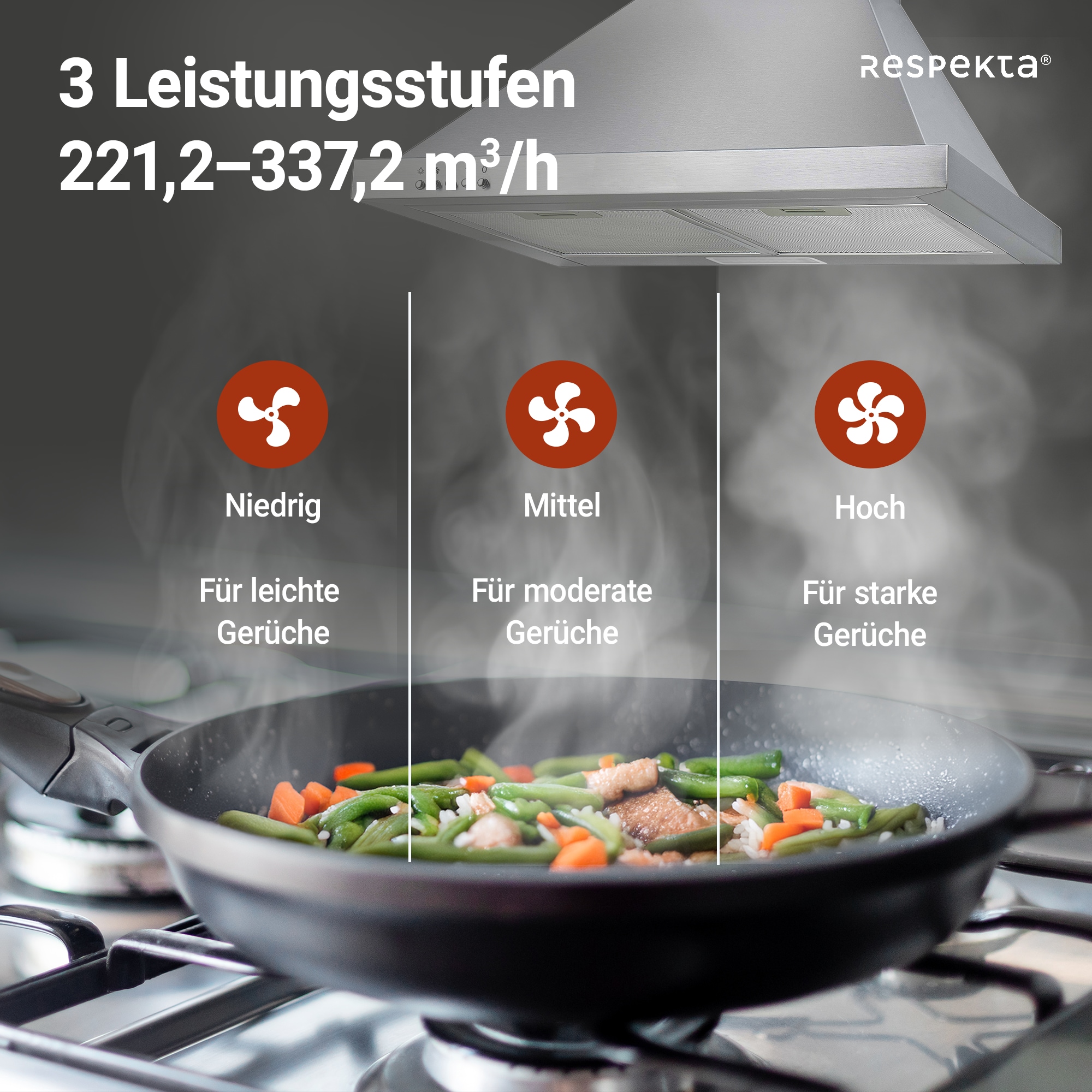 RESPEKTA Kaminhaube »CH 22078 IXB«, Serie Dalia, 60 cm, 3 Leistungsstufen, LED-Beleuchtung, Ab- und Umluftfähig