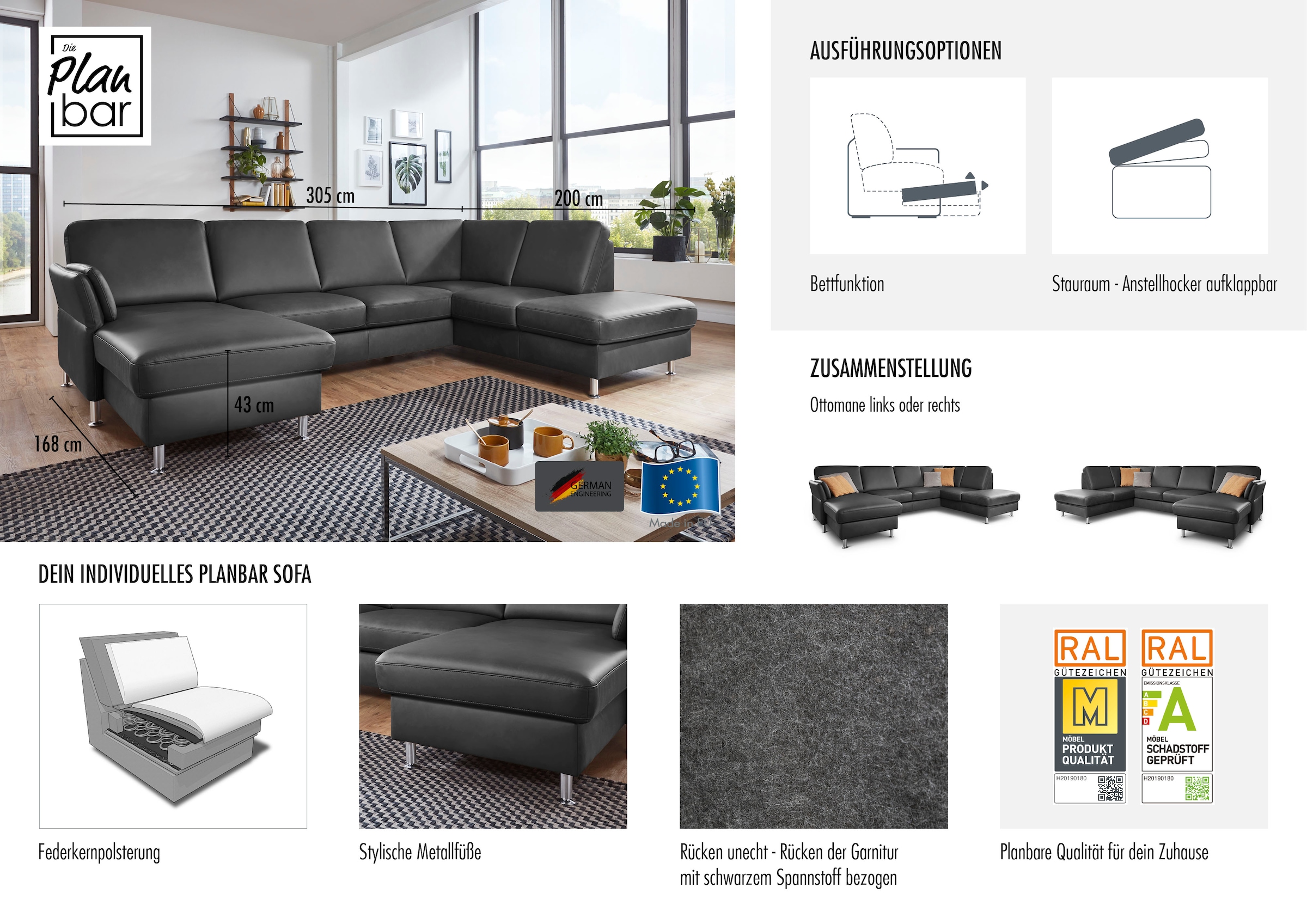 Die PlanBar Wohnlandschaft »PN-EM18013 U-Form, ohne Kopfstützen« wahlweise mit Bettfunktion und Stauraum