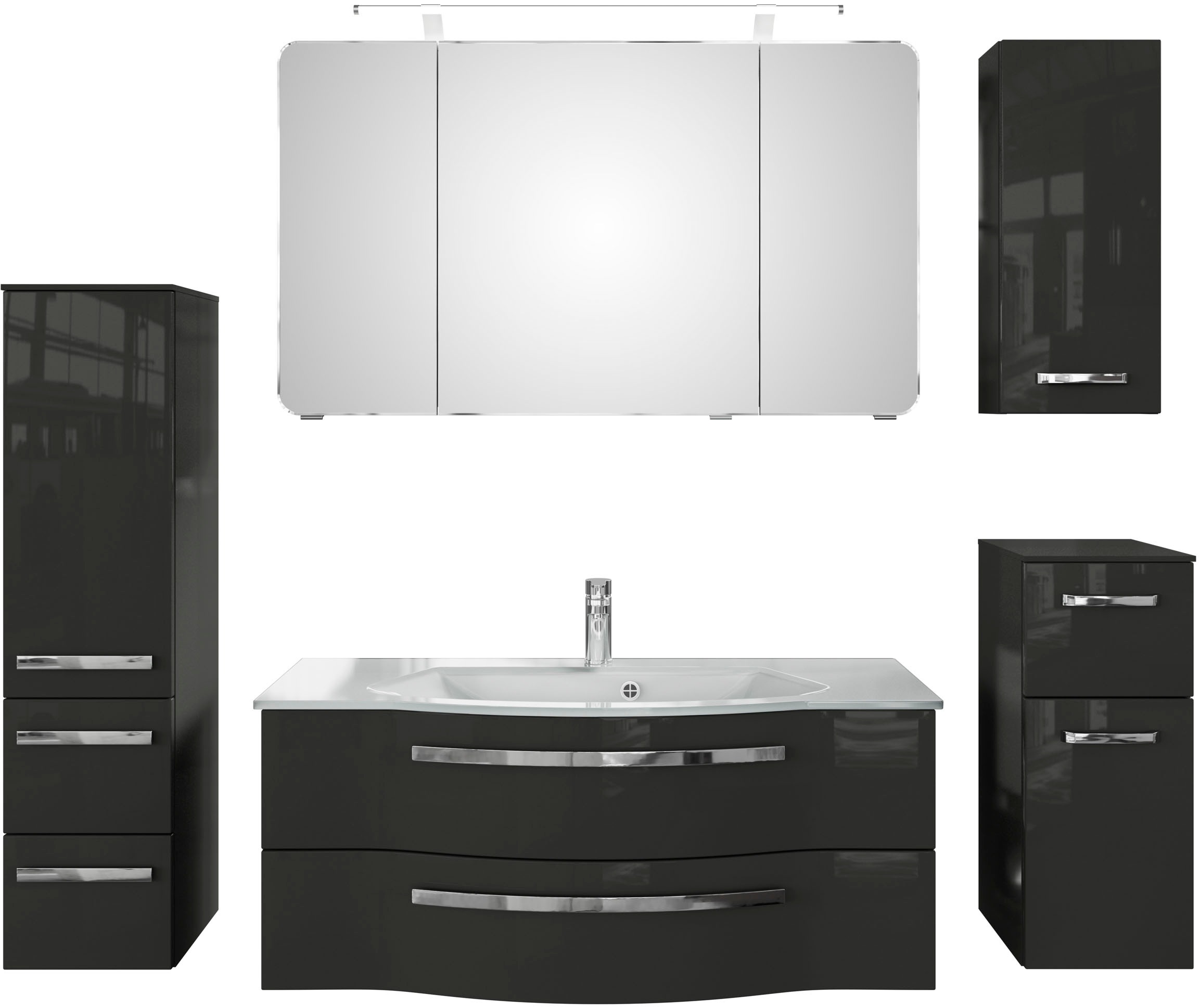 Saphir Badmöbel-Set »Serie 4005, vormontiert, Glaswaschbecken, Spiegelschrank«, (Set, 6 St.), Badezimmer-Set mit Unterschrank, Hängeschrank, Midischrank, Türdämpfer