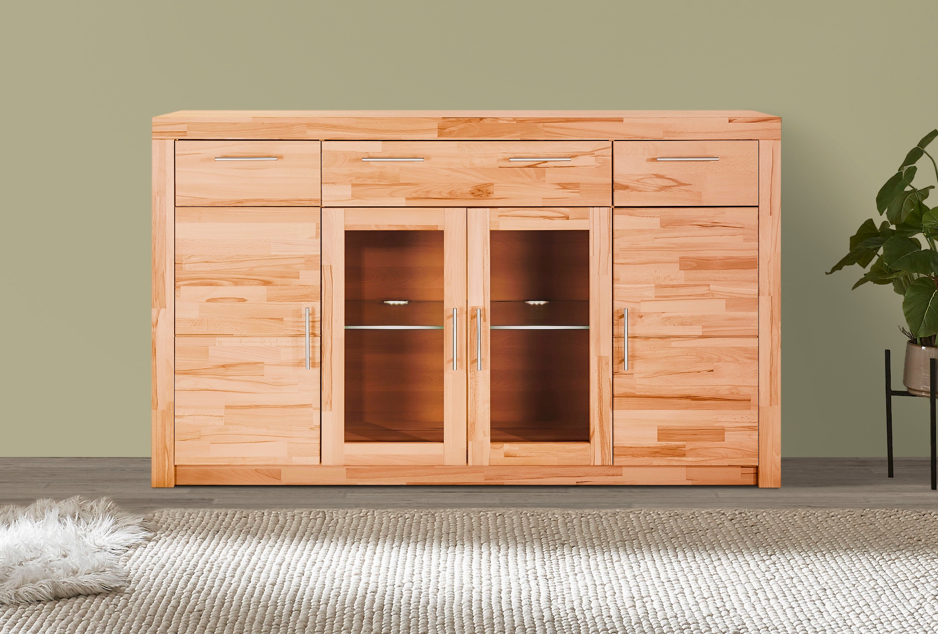 VOGL Möbelfabrik Highboard »Toronto«, opt. Glastüren, teilmassiv, Rahmenoptik, Made in Germany