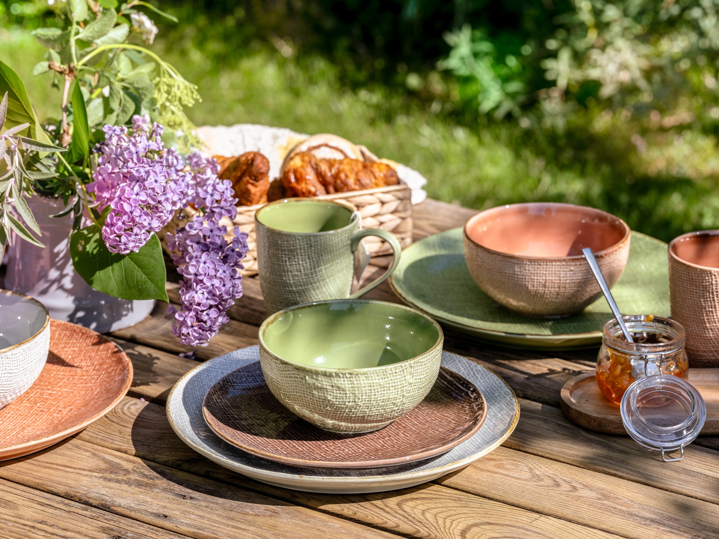 CreaTable Kombiservice »Geschirr-Set Canvas«, (Set, 16 tlg., Kaffeeservice und Tafelservice im Set, für 4 Personen), Service, Leinenstruktur, mediterrane Farben, 16 Teile, für 4 Personen