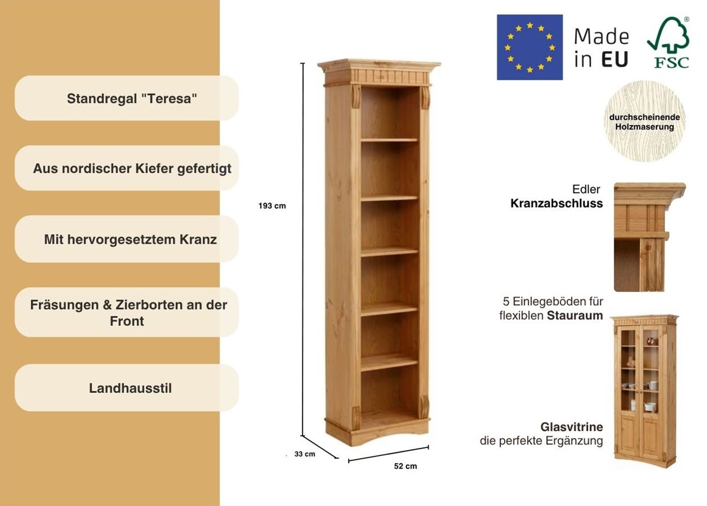 Home affaire Standregal »Teresa«, Höhe 193 cm, aus massiver Kiefer, FSC®