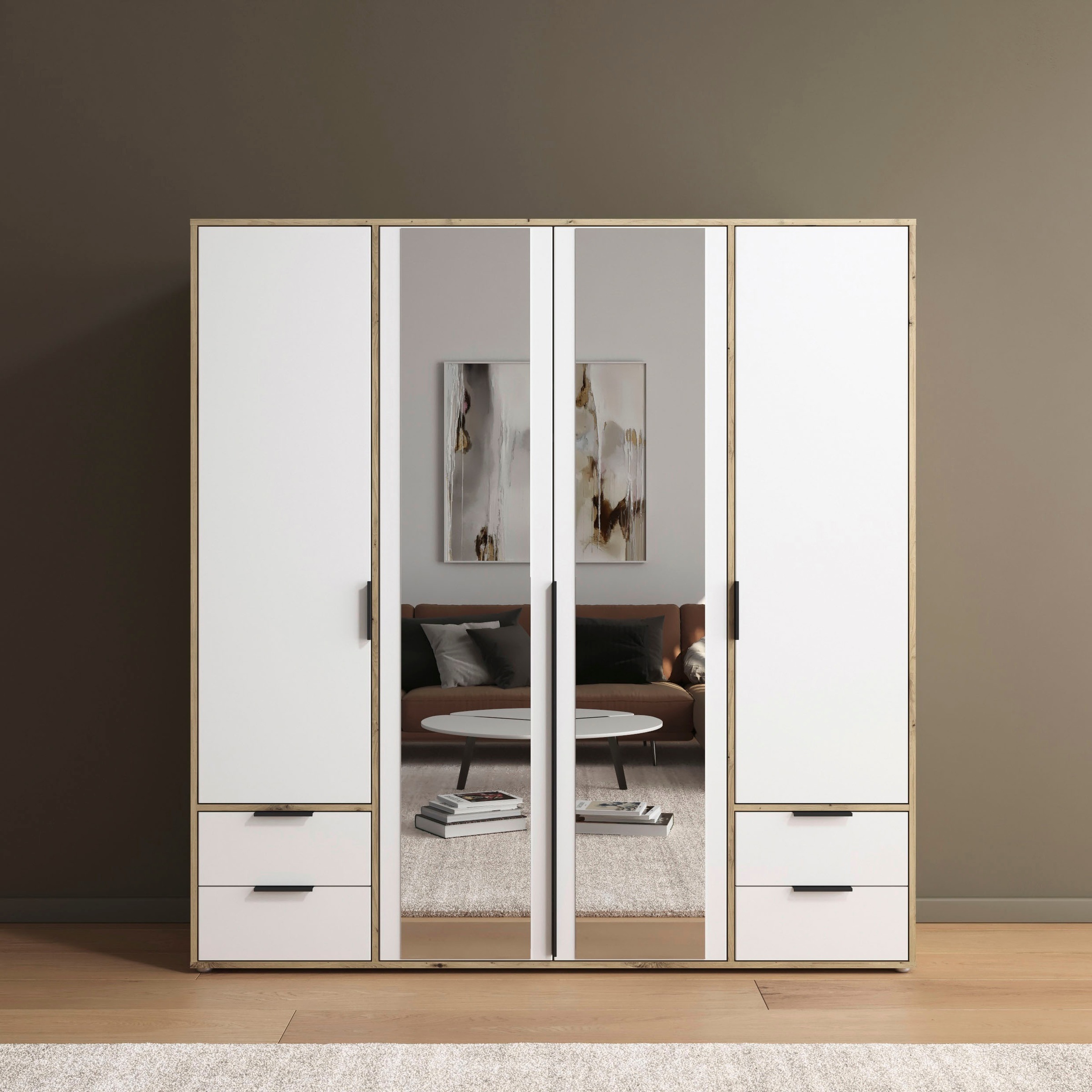 rauch Drehtürenschrank »Kleiderschrank Schrank Garderobe Wäscheschrank NAGATA mit Spiegel«, (in 3 verschiedenen Ausstattungen BASIC/CLASSIC/PREMIUM), und Schubladen sowie Stangengriffen TOPSELLER MADE IN GERMANY
