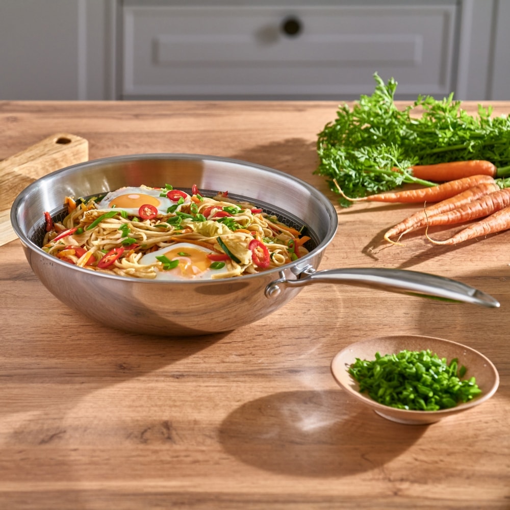 RESTO Kitchenware Wok »Achird tiefe Pfanne aus Tri-Ply (Edelstahl + Aluminium + Edelstahl)«, Edelstahl 18/10, (1 tlg.), Energieeinsparung 25% durch die dreilagige Basis, ofenfest