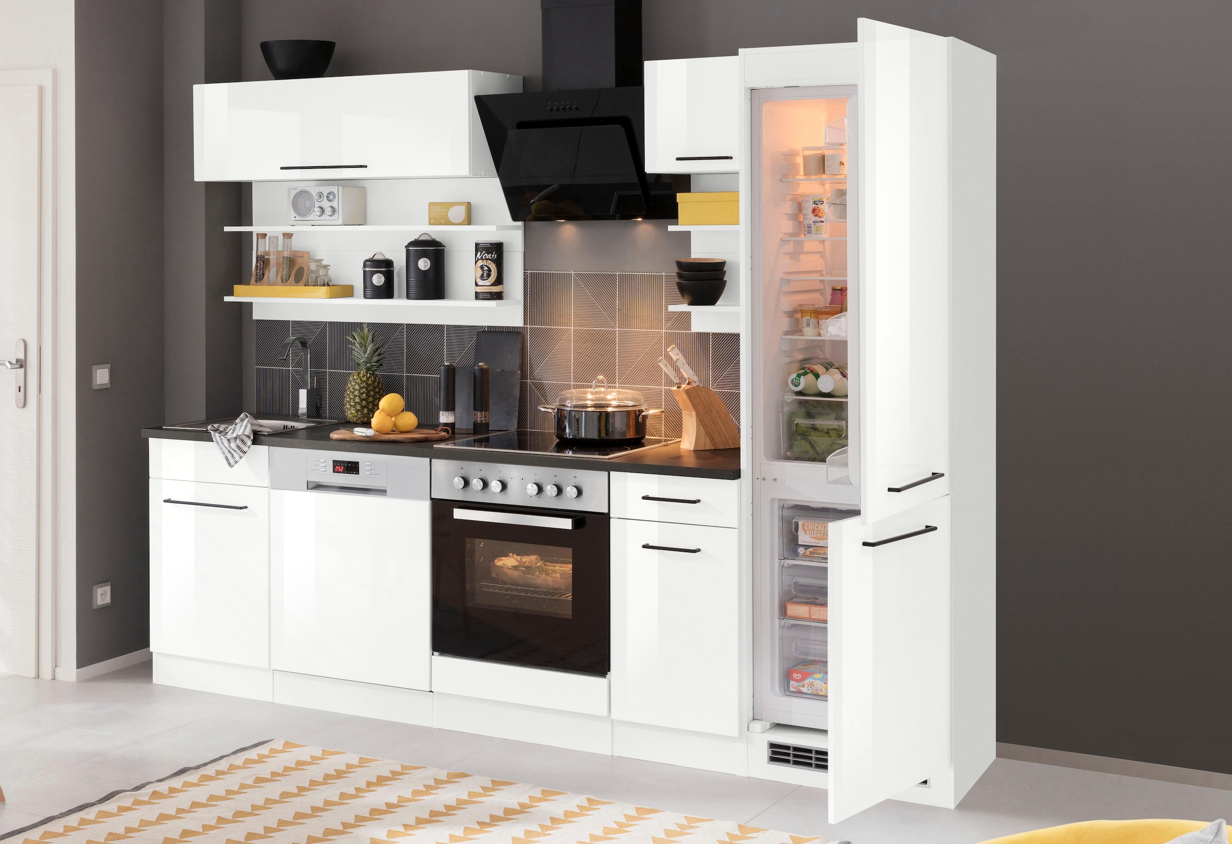 KOCHSTATION Küchenzeile »KS-Tulsa«, mit E-Geräten, Breite 270 cm, schwarze Metallgriffe, MDF Fronten