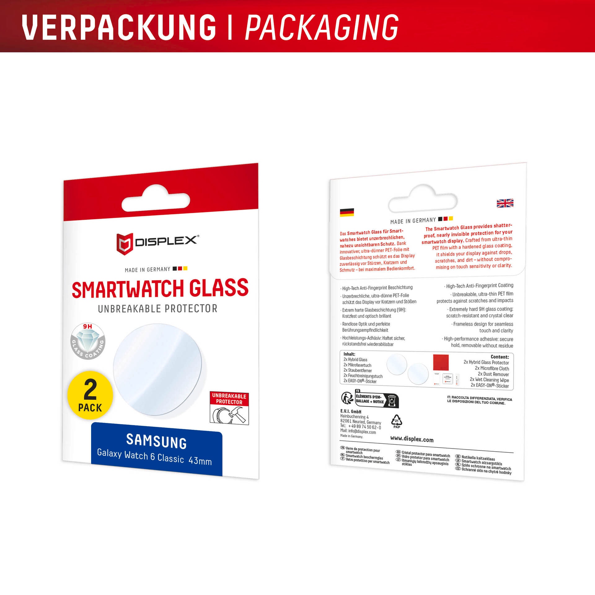 Displex Displayschutzglas »Smartwatch Glass Unbreakable Protector« für Samsung Galaxy Watch6 Classic 43 mm Packung, 2x Hybrid Glass,  Displayschutzfolie, Schutzfolie, Bildschirmschutz, kratz- & stoßfest