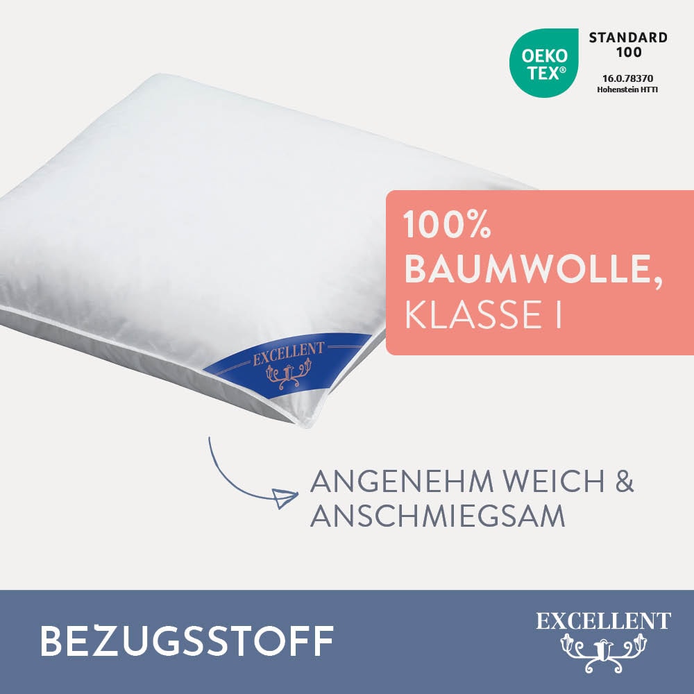 Excellent 3-Kammer-Kopfkissen »Zürich, in 40x80 und 80x80 und weitere Größen«, Füllung: weiße neue Daunen und Federn, Klasse I, Bezug: feiner Daunen-Batist, 100% Baumwolle, (1 St.), allergikerfreundlich, hergestellt in Deutschland
