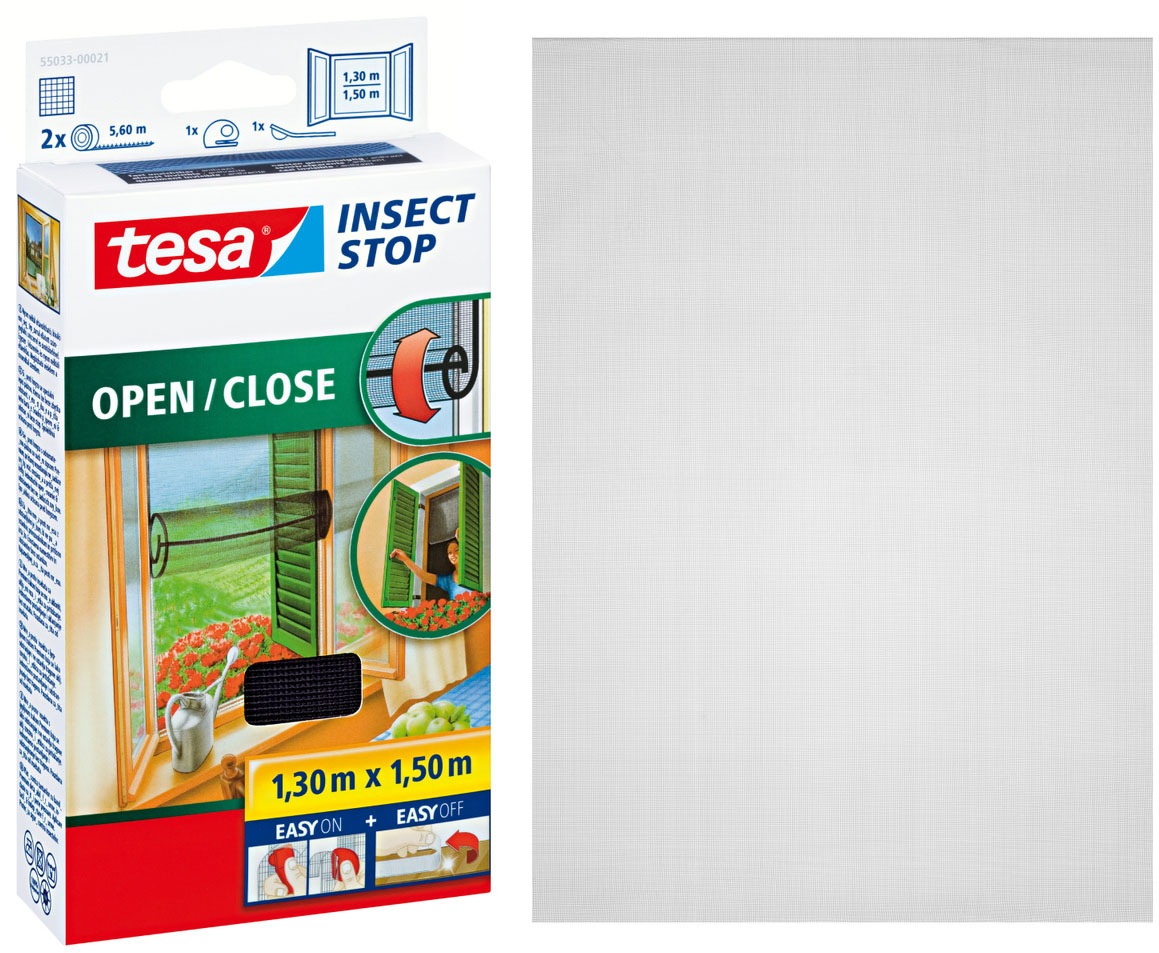 tesa Insektenschutz-Fensterrahmen »Insect Stop Comfort Fliegengitter für Fenster-  Insektenschutz Rollo« Packung, Fliegennetz, Klettband, Andrück und Schneidehilfe, 1 Stk. tlg. Insektenschutz für Fenster - selbstklebend - schwarz - 1,3 m : 1,5 m