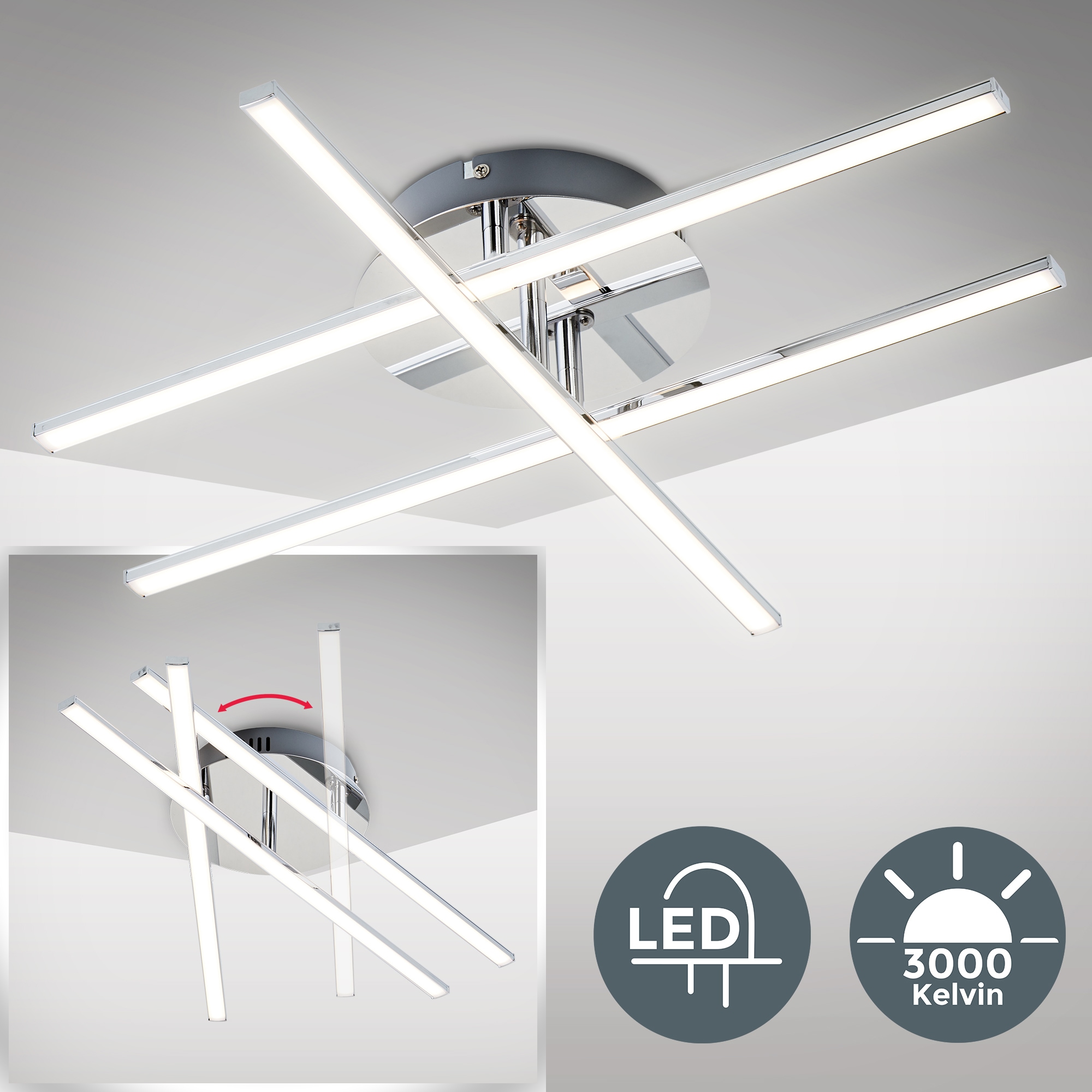 B.K.Licht LED Decken-Lampe chrom 1150lm Design modern Deckenleuchte, 12,5W inkl. auf LED 1 Rechnung Wohnzimmer bestellen flammig-flammig