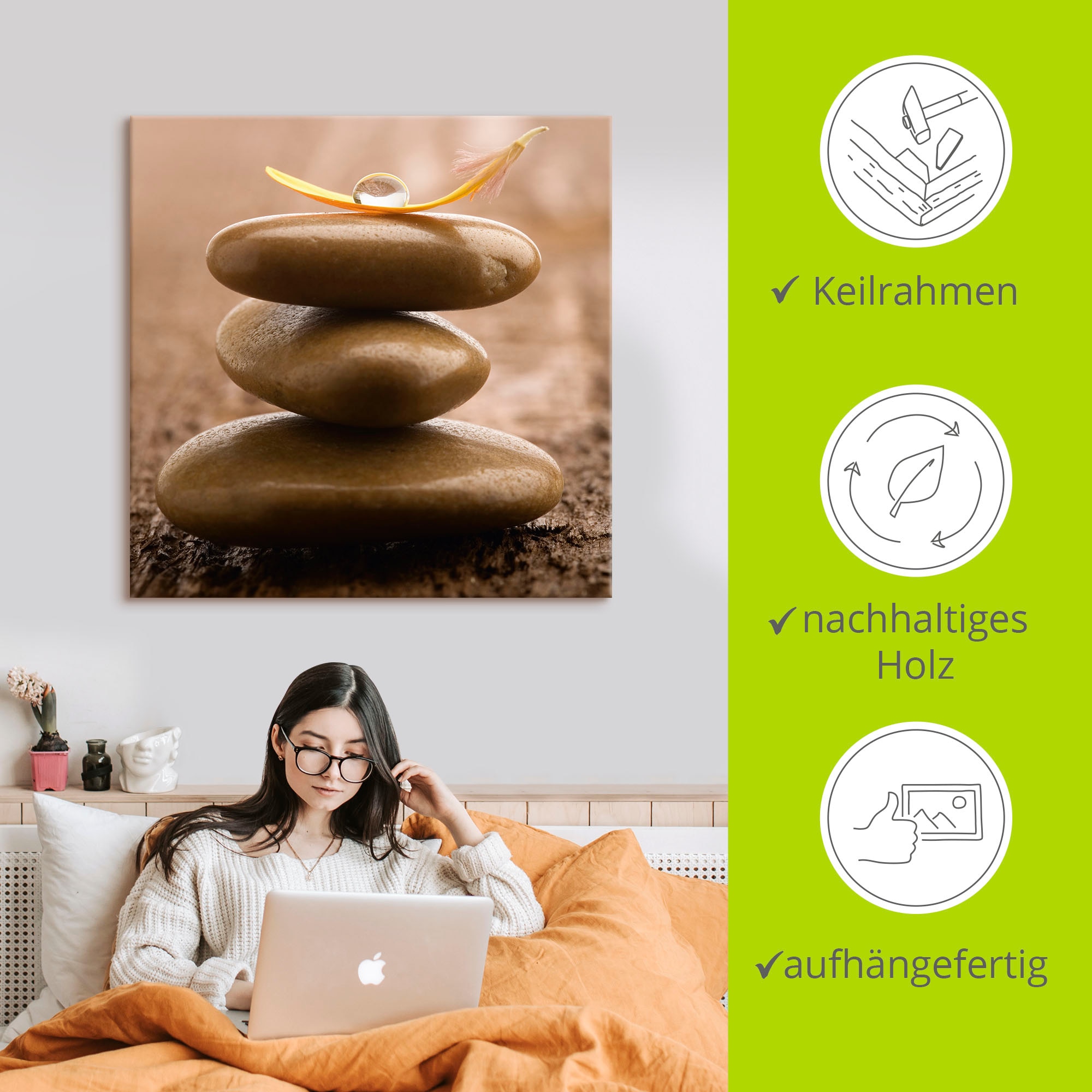 Artland Wandbild »Massagesteinen auf hölzernem Untergrund«, Zen, (1 St.), als Leinwandbild, Wandaufkleber in verschied. Größen