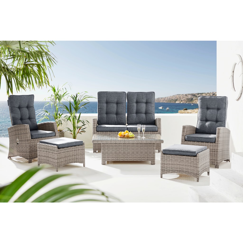 KONIFERA Gartenlounge-Set »Monaco«, (Set, 16 tlg., inkl. Auflagen, Alu, Polyrattan), höhenverstellbarer Tisch 43,5 - 66,5 cm