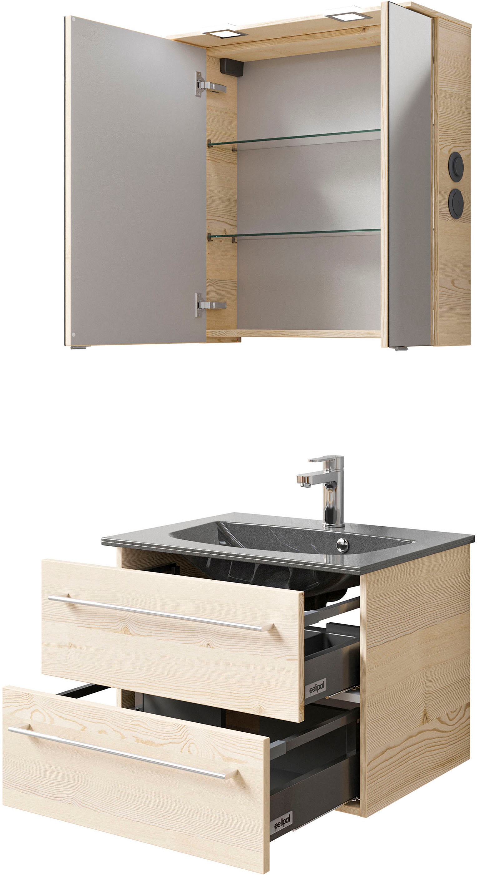 Saphir Badmöbel-Set »Serie 6025 2-teilig Mineralmarmor-Waschtisch mit LED-Spiegelschrank«, (2 St.), Waschplatz 67 cm breit, 2 Schubladen, 2 Spiegel-Türen, inkl Türdämpfer