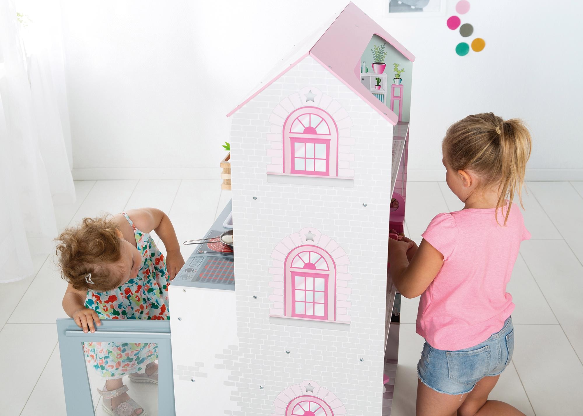 roba® Spielküche »2-in-1, rosa«, mit mehrstöckigem Puppenhaus