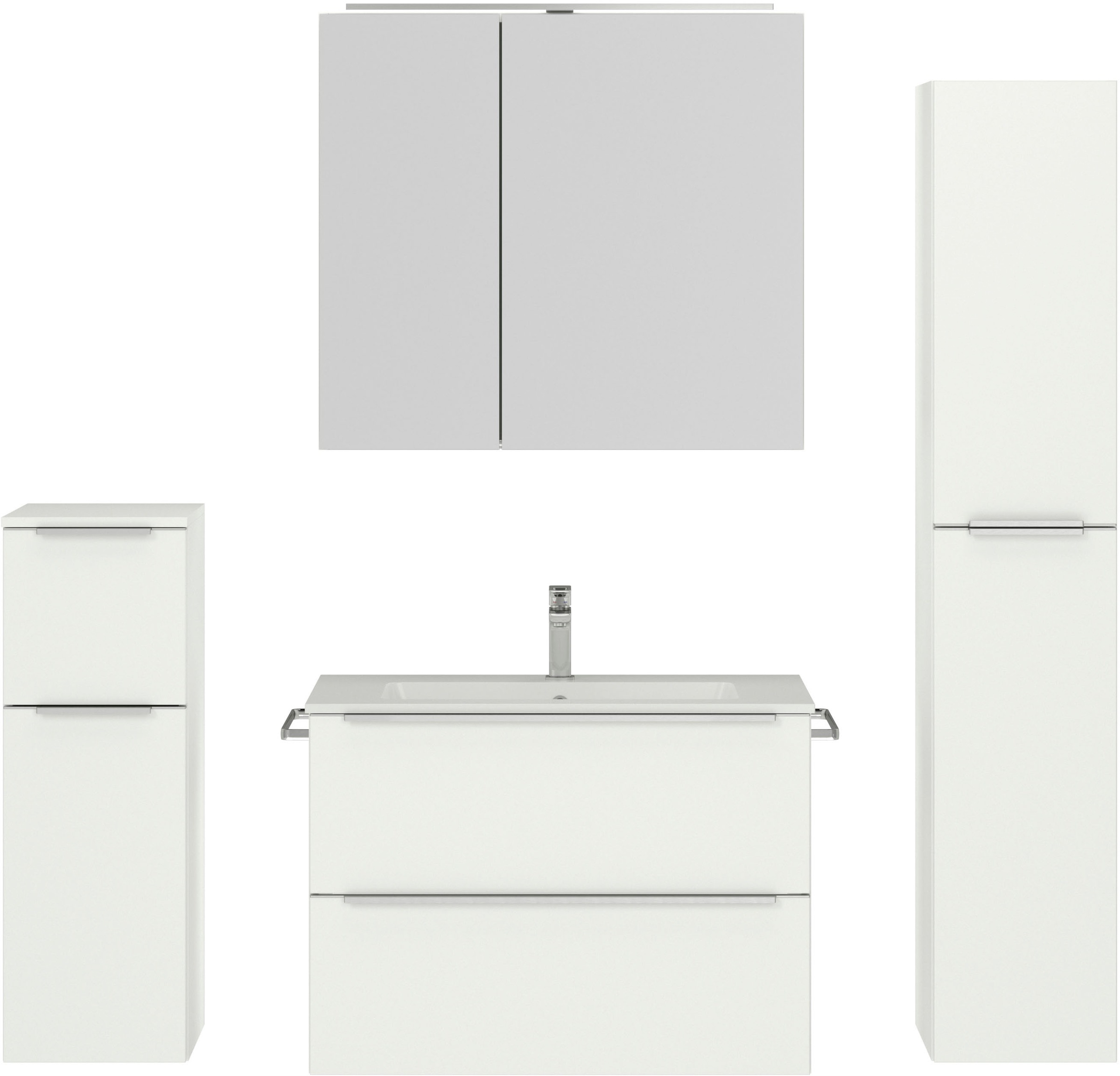 nobilia® Badmöbel-Set »Levere«, (4 St., vormontiert, mit Soft-Close), inkl. Spiegelschrank mit Beleuchtung und Dimmerfunktion, in 4 Breiten