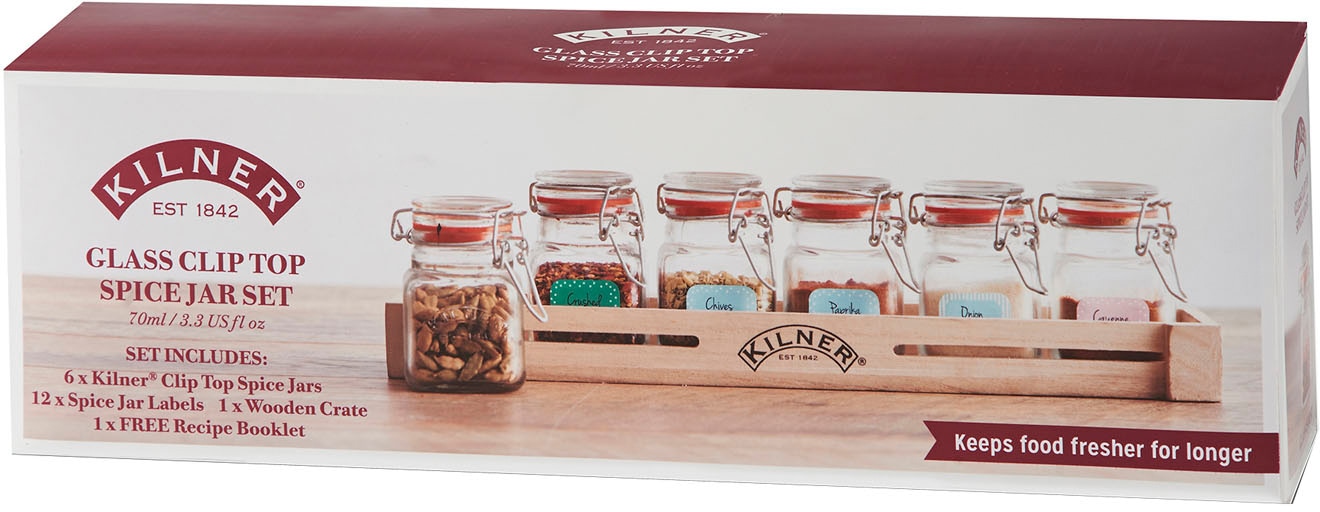 KILNER Gewürzbehälter, (Set, 7 tlg.), Holzkasten, 6 x 70 ml, geeignet für Kräuter und Gewürze
