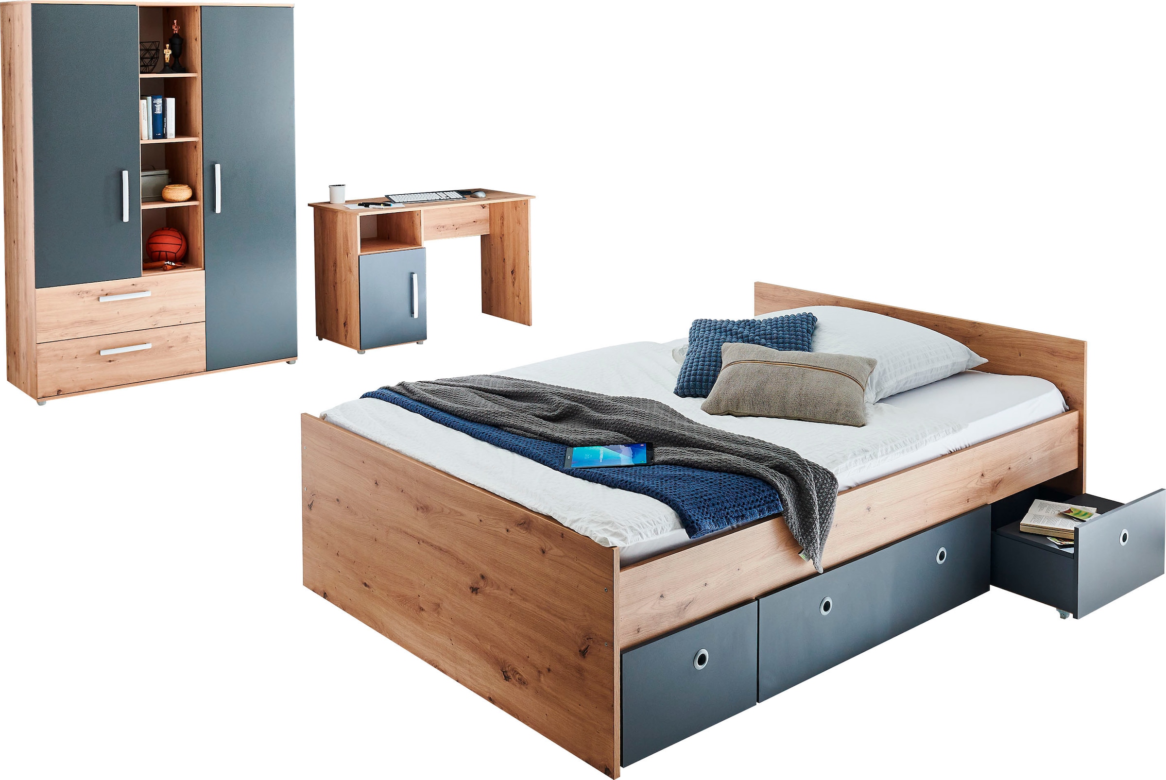 arthur berndt Jugendzimmer-Set »Alessio«, (Set, 4 tlg., Kleiderschrank mit Schubfächern, Regalelement, geräumiger Auszug), mit Melamin-Oberfläche
