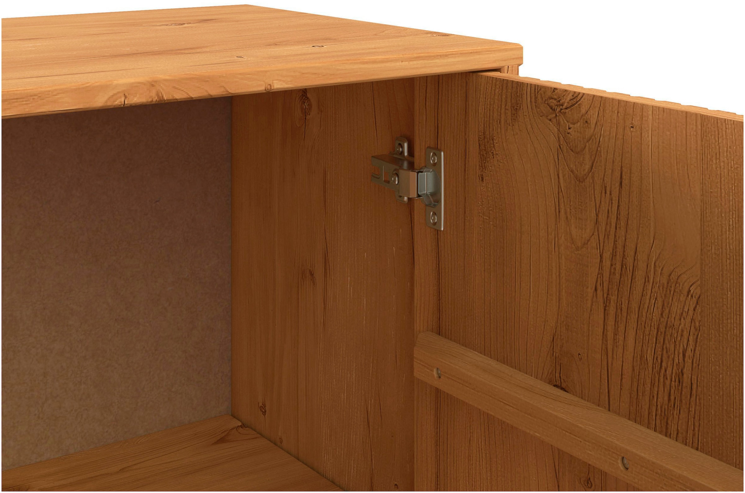 OTTO home Highboard »Malmedy Midischrank mit einer Lamellenoptik und Push to Open Funktion« massives Kiefernholz, Push-to-open Funktion, verstellbare Einlegeböden