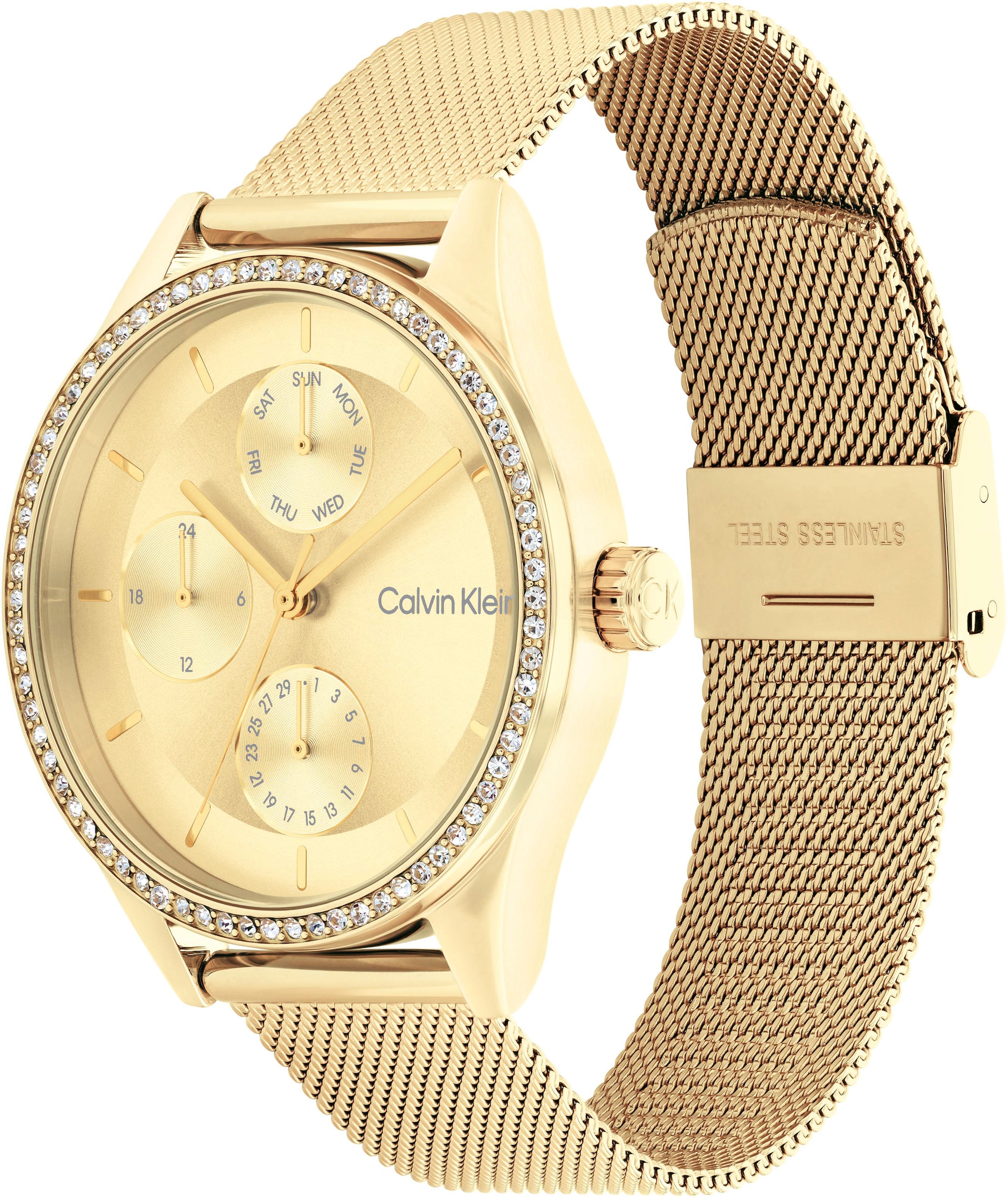 Calvin Klein Multifunktionsuhr »TIMELESS«, Quarzuhr, Armbanduhr, Damen, Datum, Glaskristalle, Edelstahlarmband
