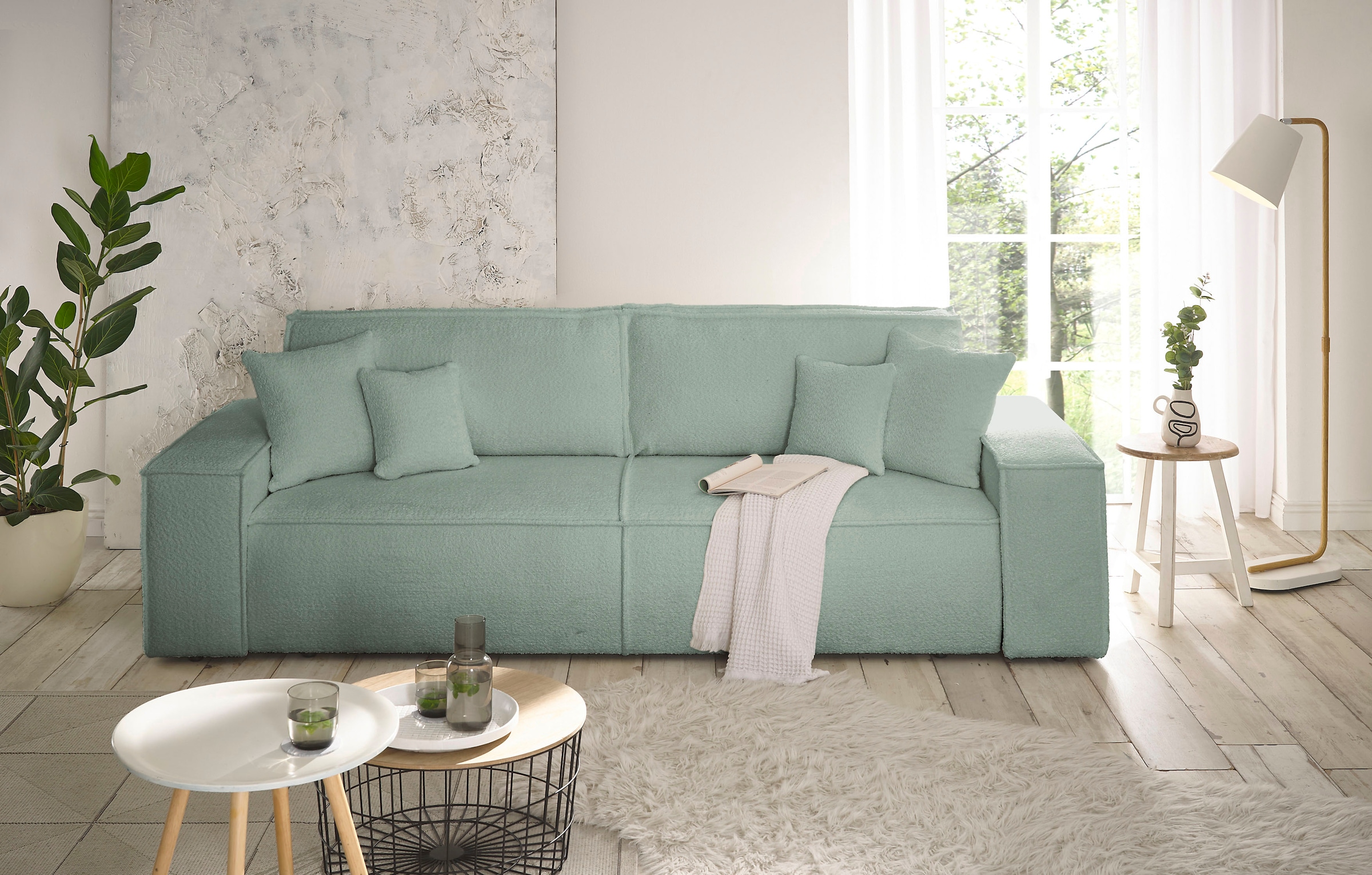 andas 3-Sitzer »FINNLEY Schlafsofa 257 cm, Schlaffunktion mit Bettkasten (200/136cm)«, in Aqua Clean-Bouclé, Struktur fein u. Cord