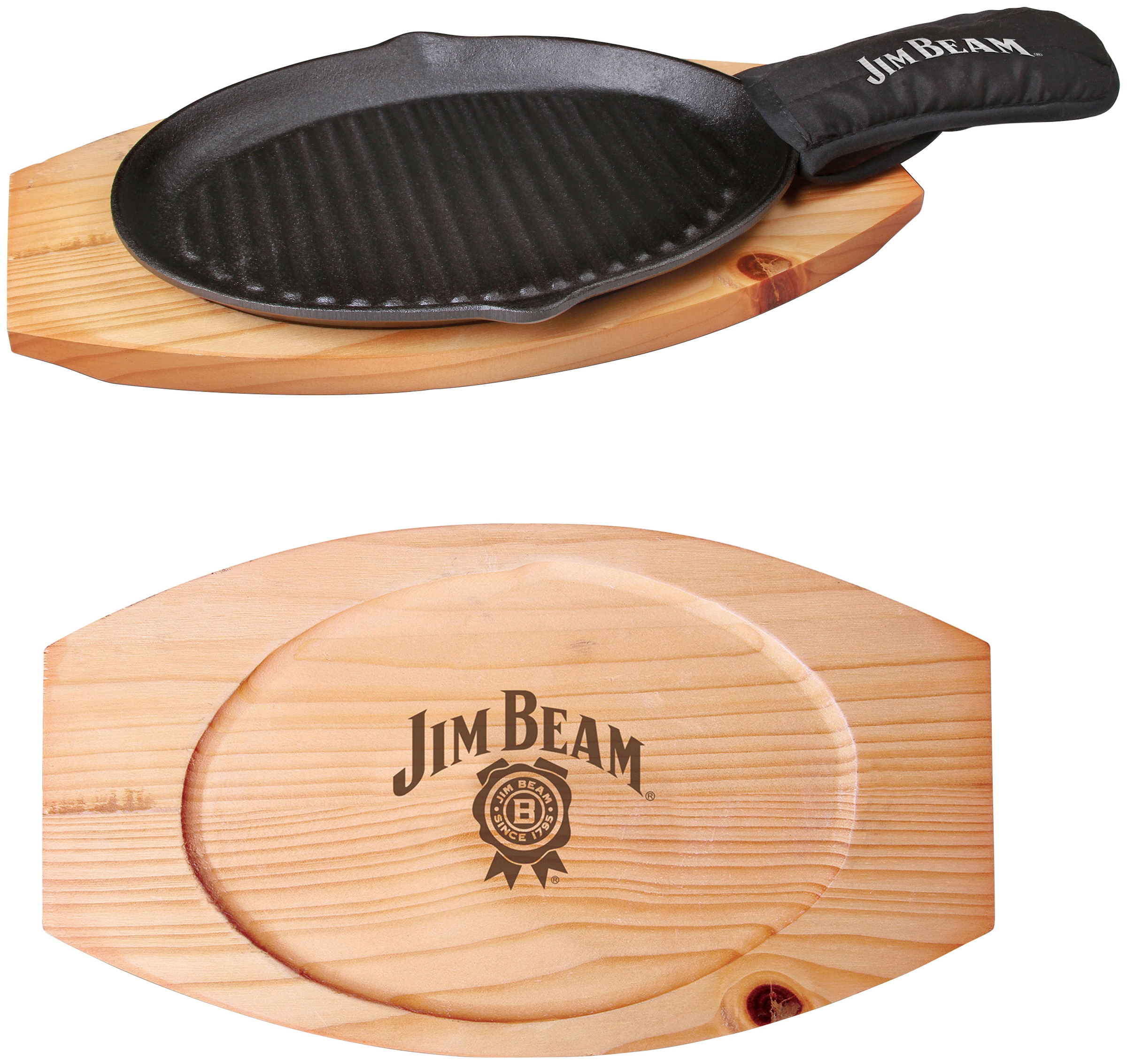 Jim Beam BBQ Grillpfanne, Gusseisen, (Set), 4 Stk., inkl. Griffüberzug und Holzuntersetzer