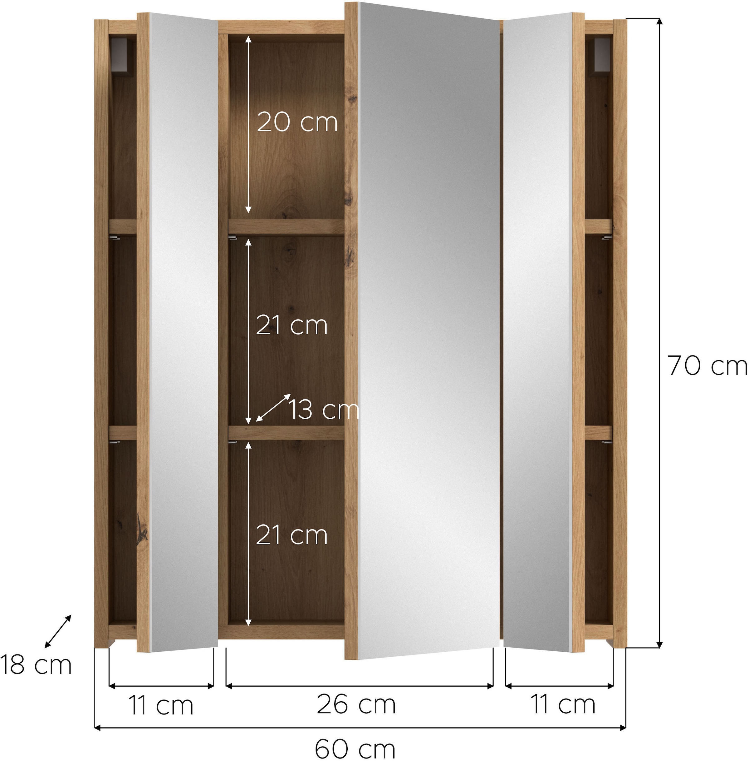 INOSIGN Spiegelschrank »Malmö, Breite 60 cm, 3 Spiegeltüren, 9 Fächer, 6 Einlegeböden«, (1 St.), Florenz, Spiegelschrank 3-Türig, Artisan Oak NB, 9 Fächer